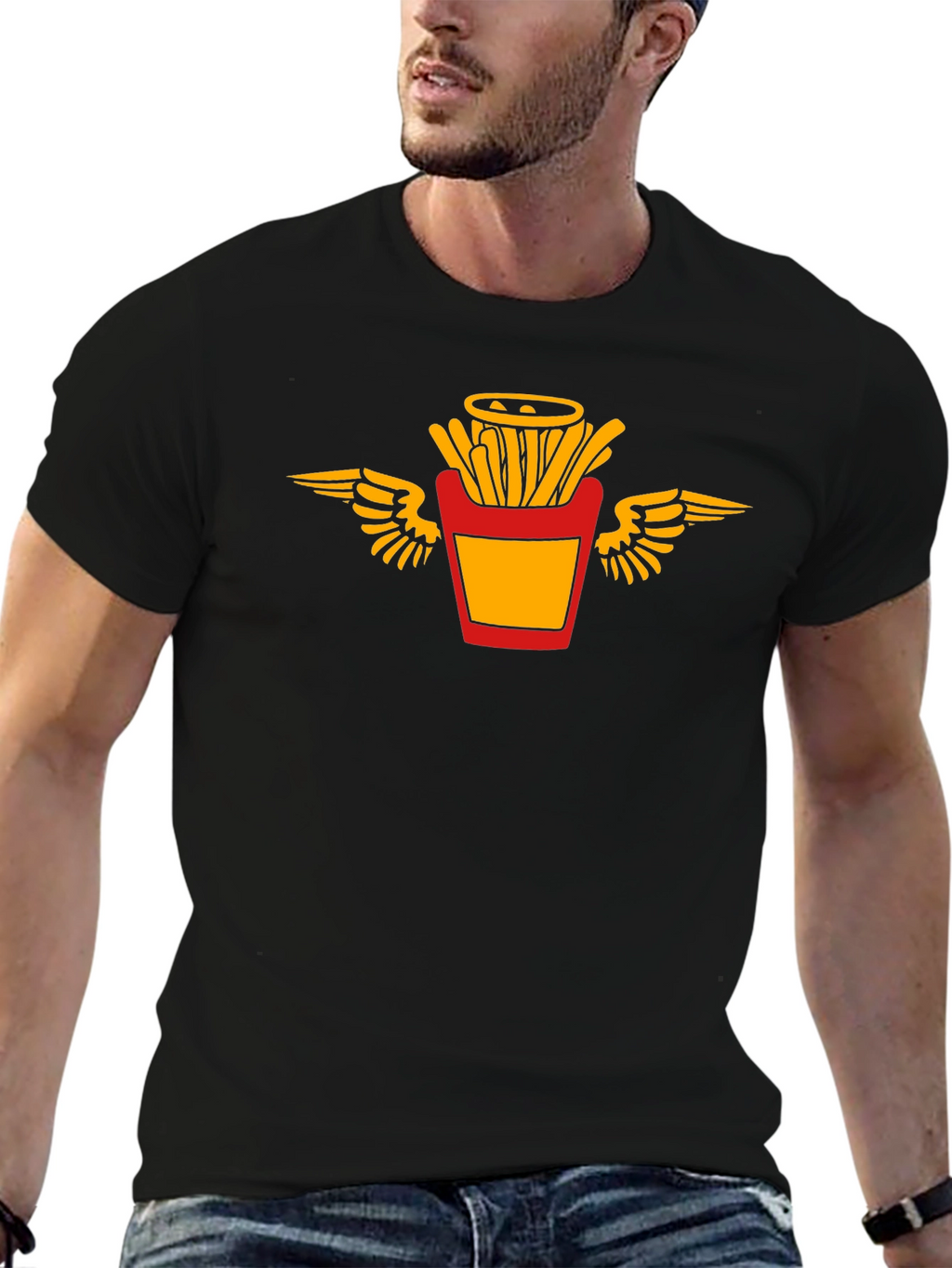 Black T-Shirt with Flying Fries Graphic