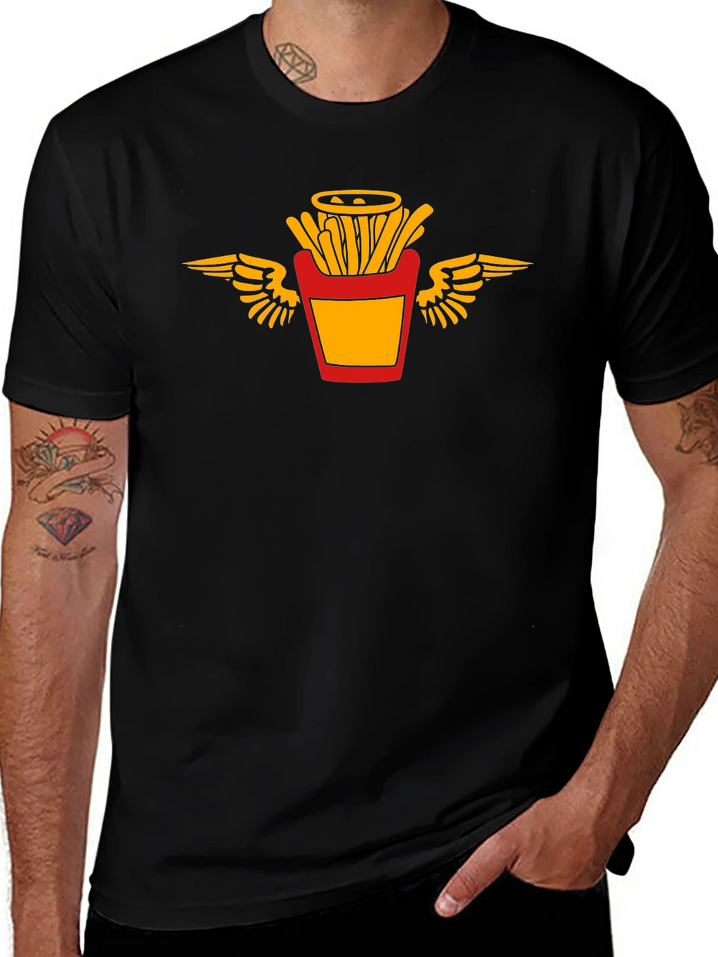Black T-Shirt with Flying Fries Graphic