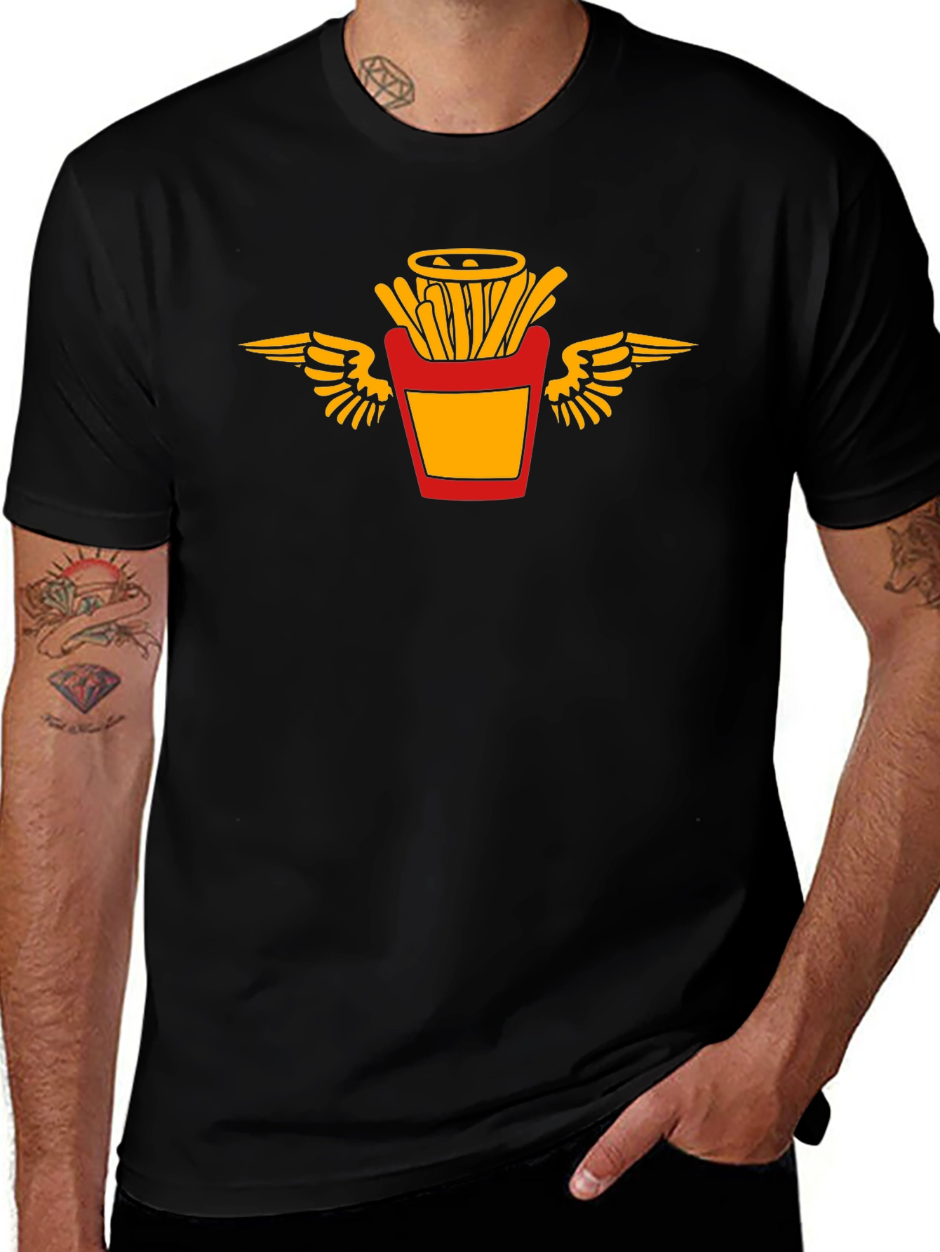Black T-Shirt with Flying Fries Graphic