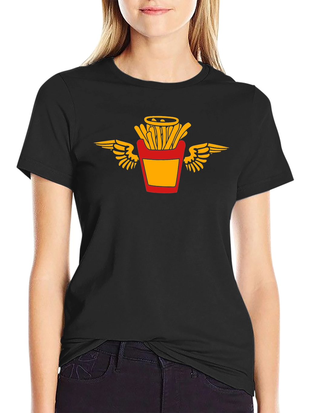 Black T-Shirt with Flying Fries Graphic