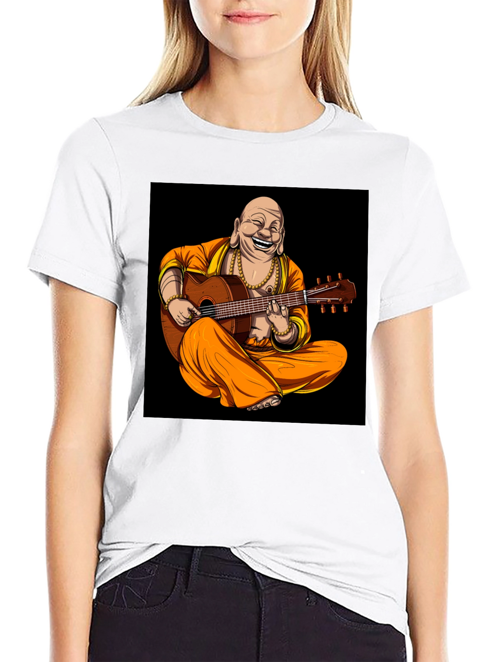 Buddha Playing Guitar Graphic Black T-Shirt