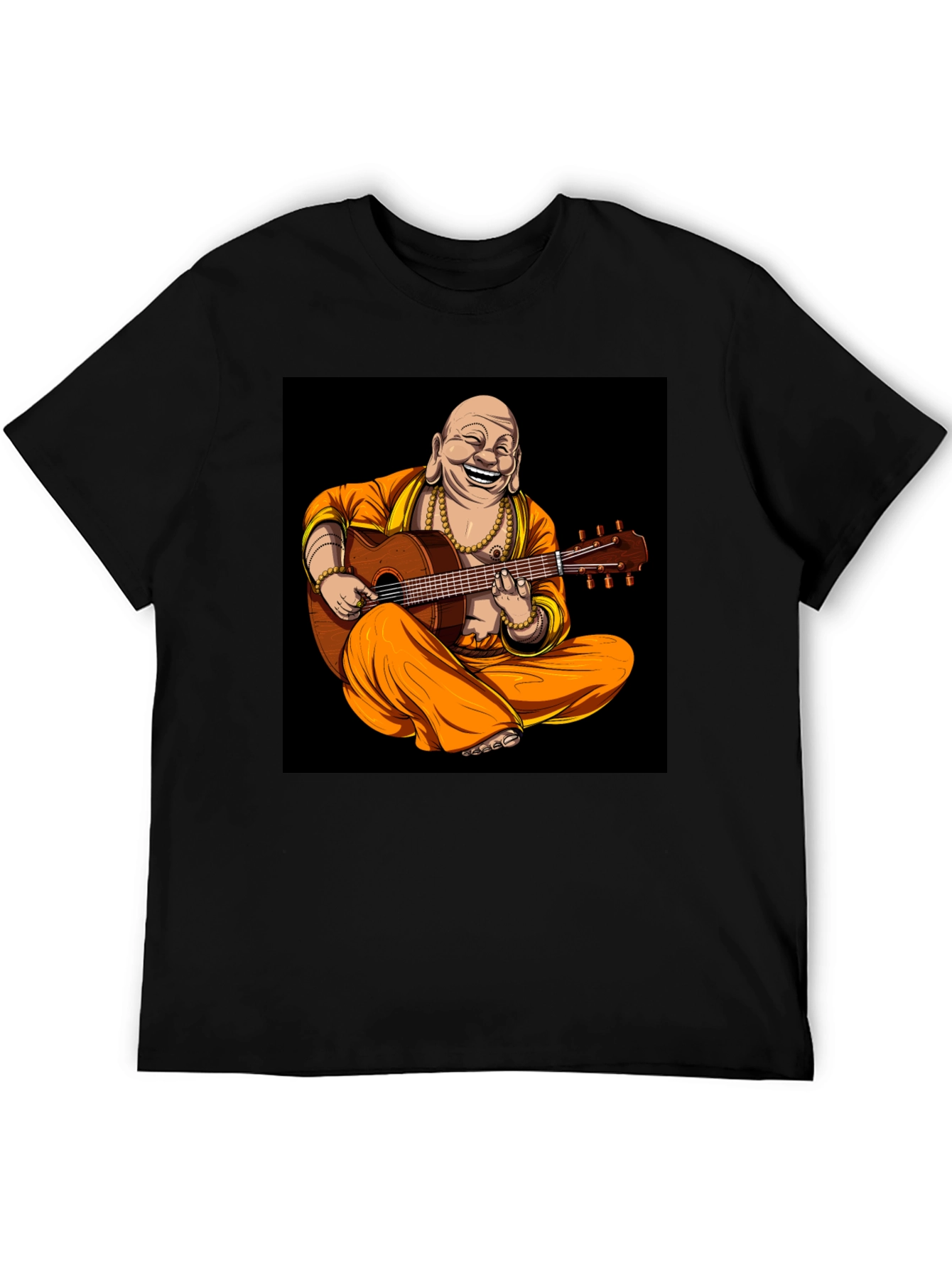 Buddha Playing Guitar Graphic Black T-Shirt