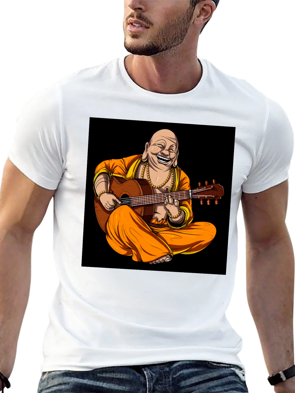 Buddha Playing Guitar Graphic Black T-Shirt