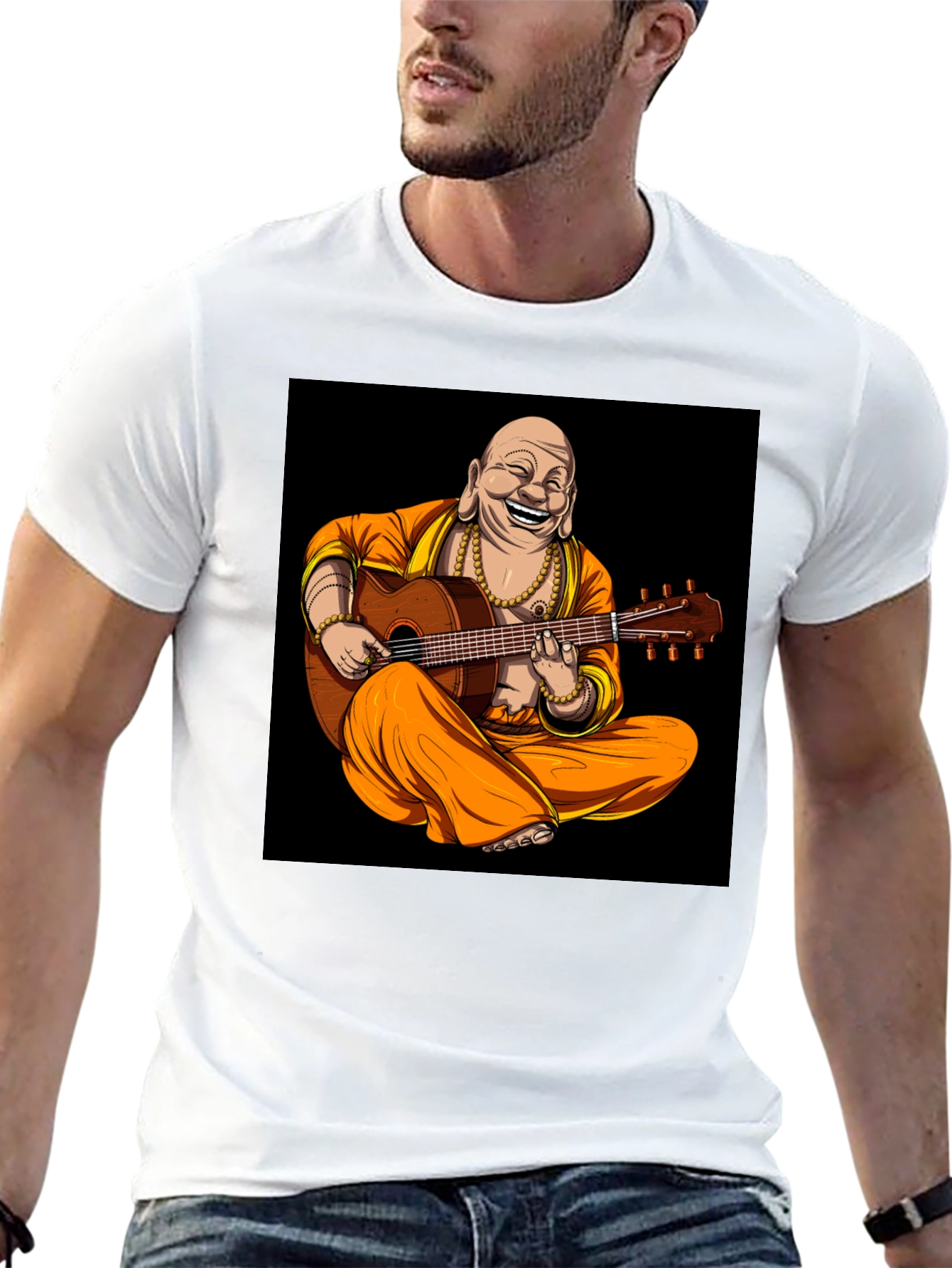 Buddha Playing Guitar Graphic Black T-Shirt