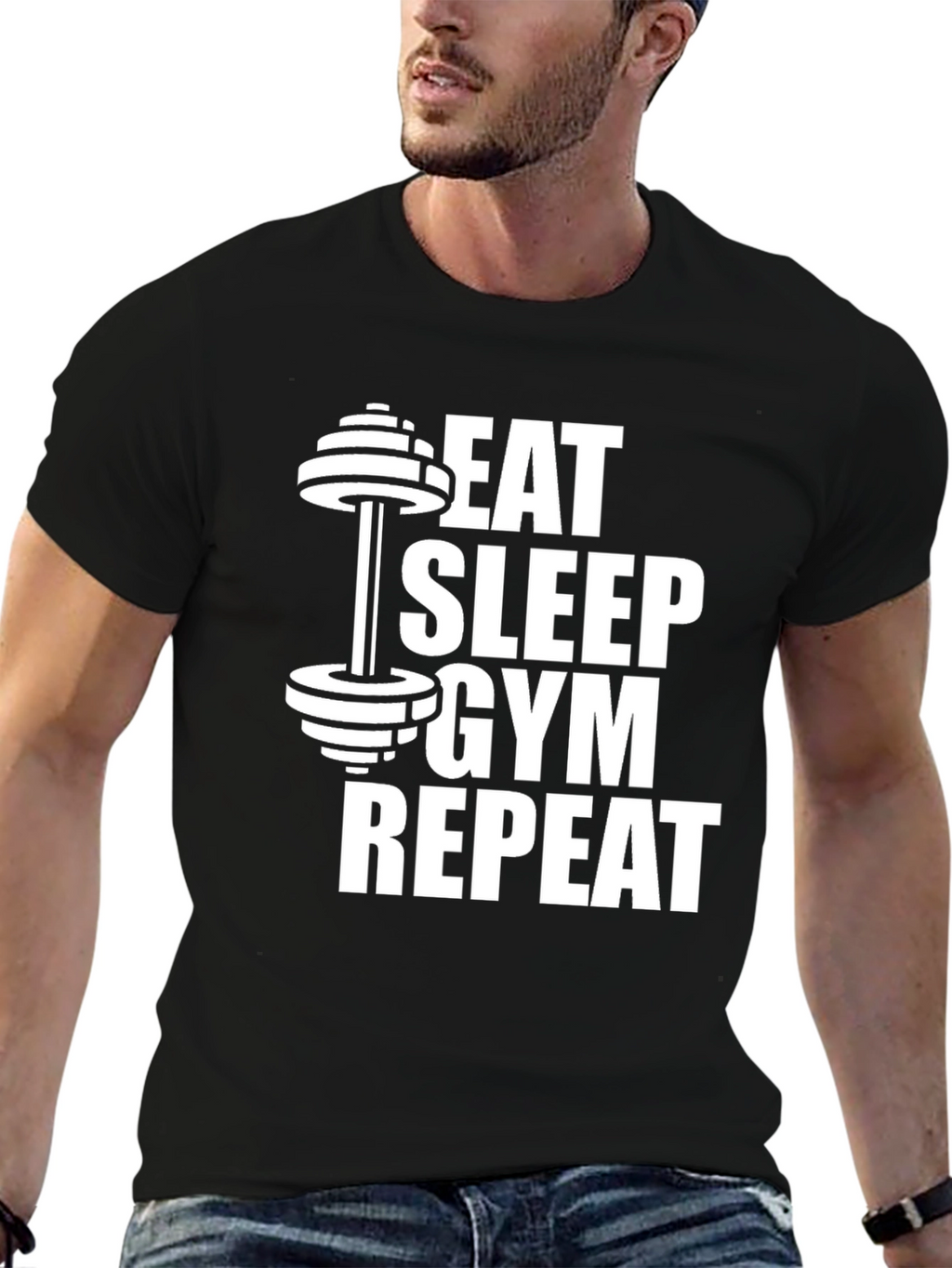 Eat Sleep Gym Repeat Black Graphic Tee