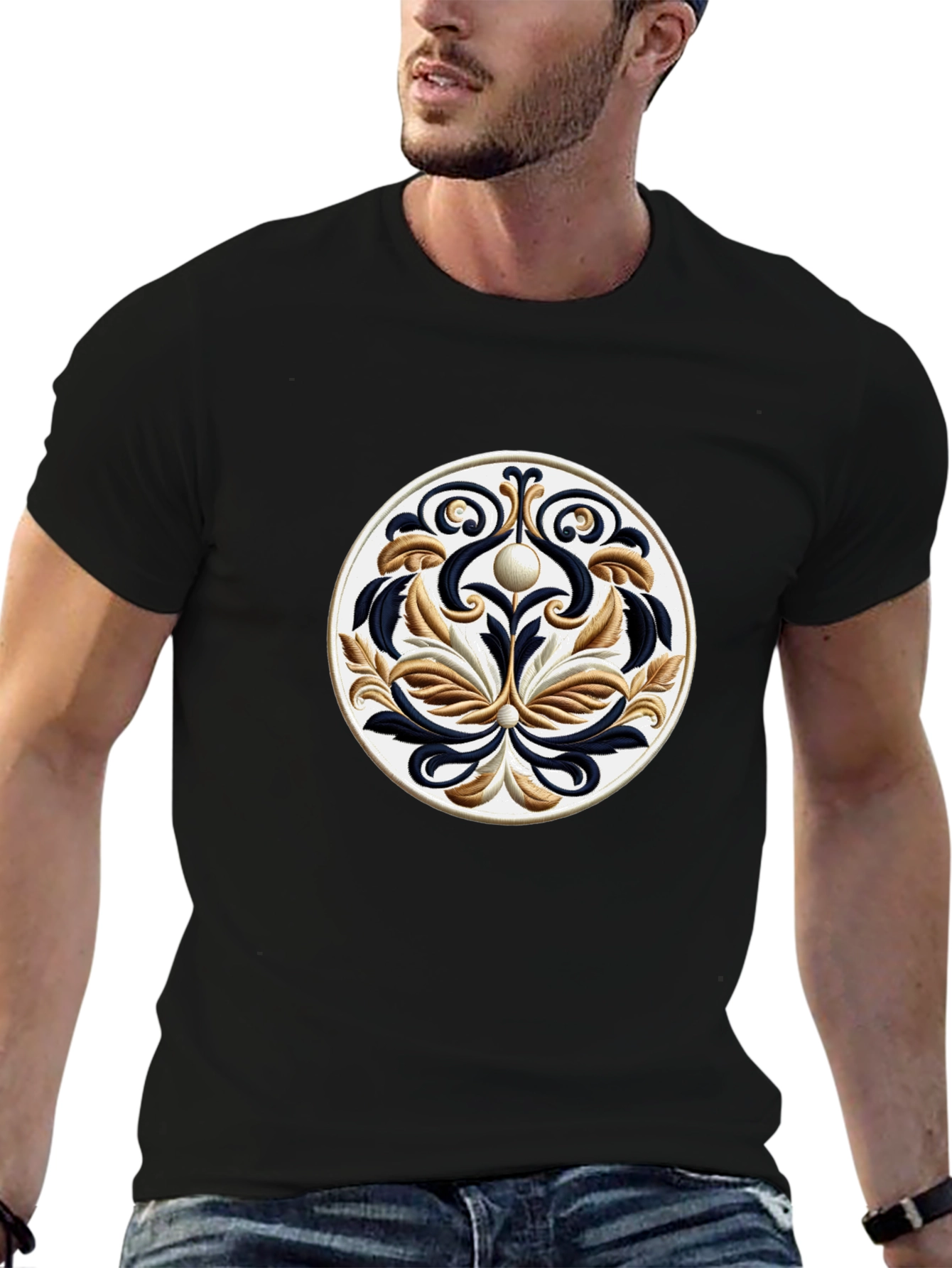 Black T-Shirt with Ornamental Circle Design