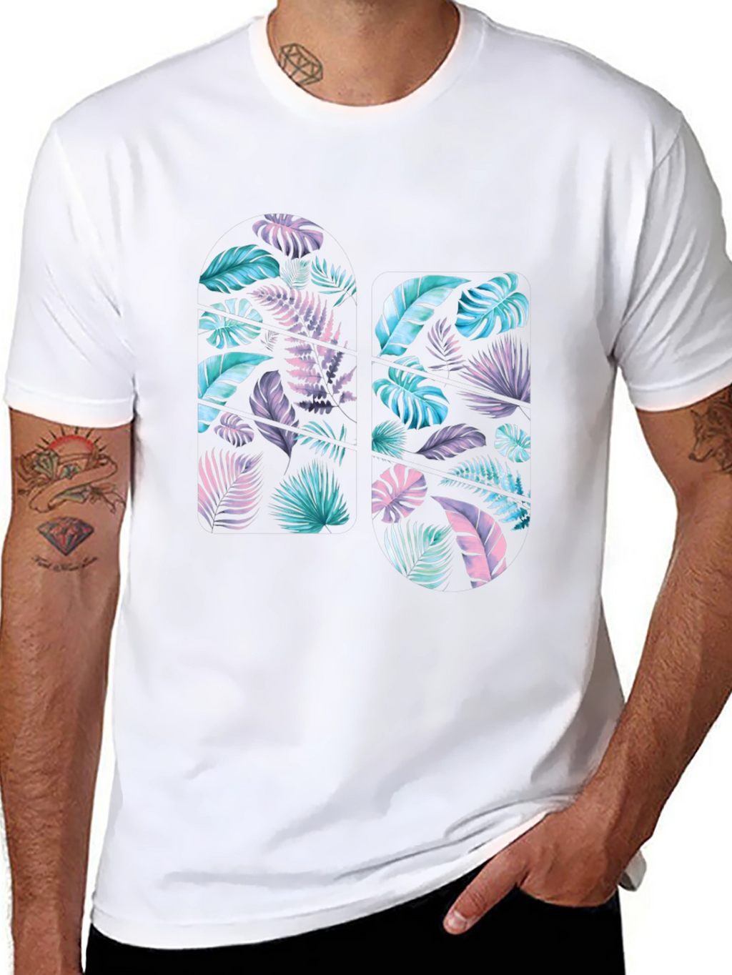 Tropical Leaf Print Black T-Shirt