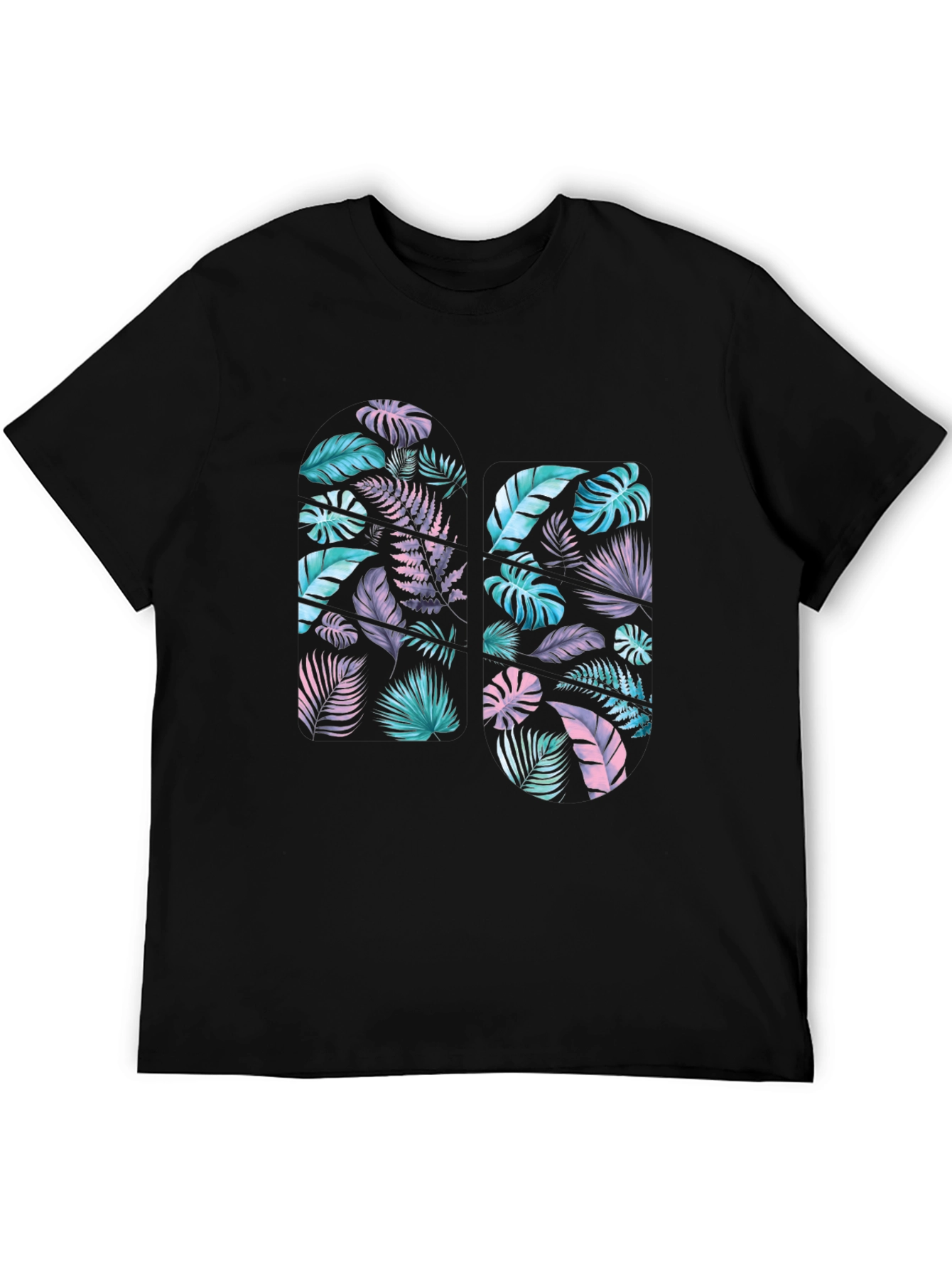 Tropical Leaf Print Black T-Shirt
