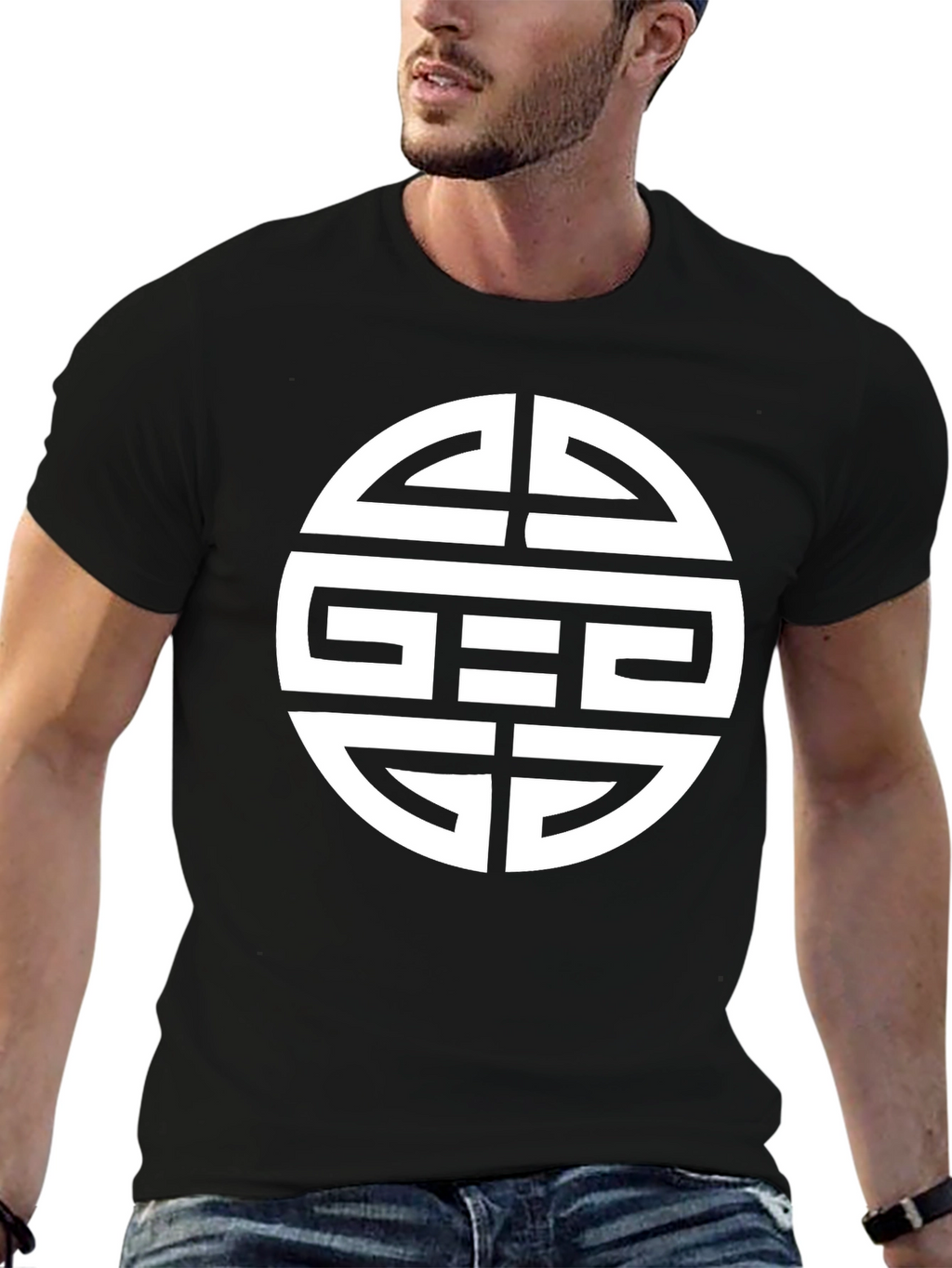 Black T-Shirt with White Geometric Circle Design