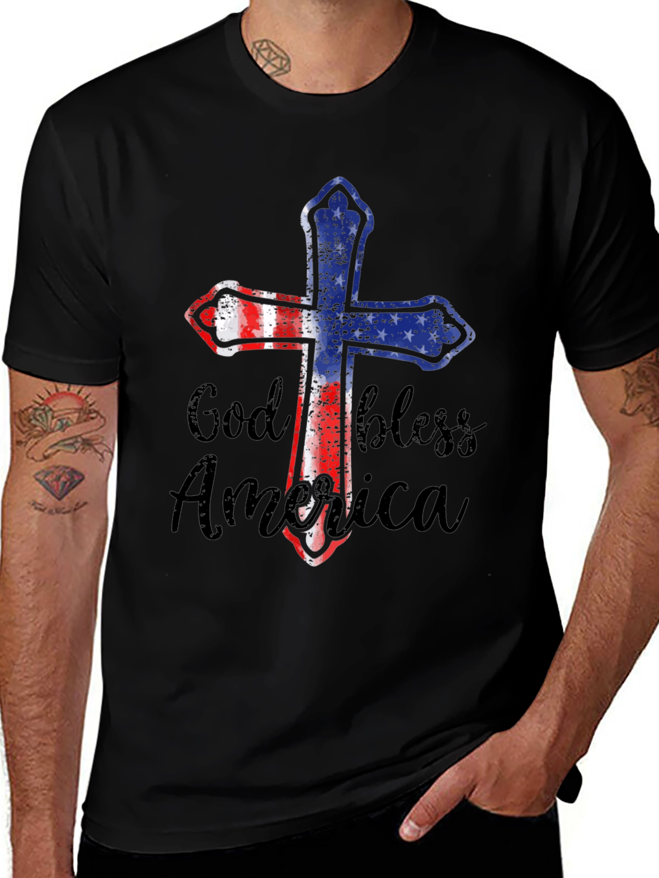 God Bless America Patriotic Cross Graphic Tee