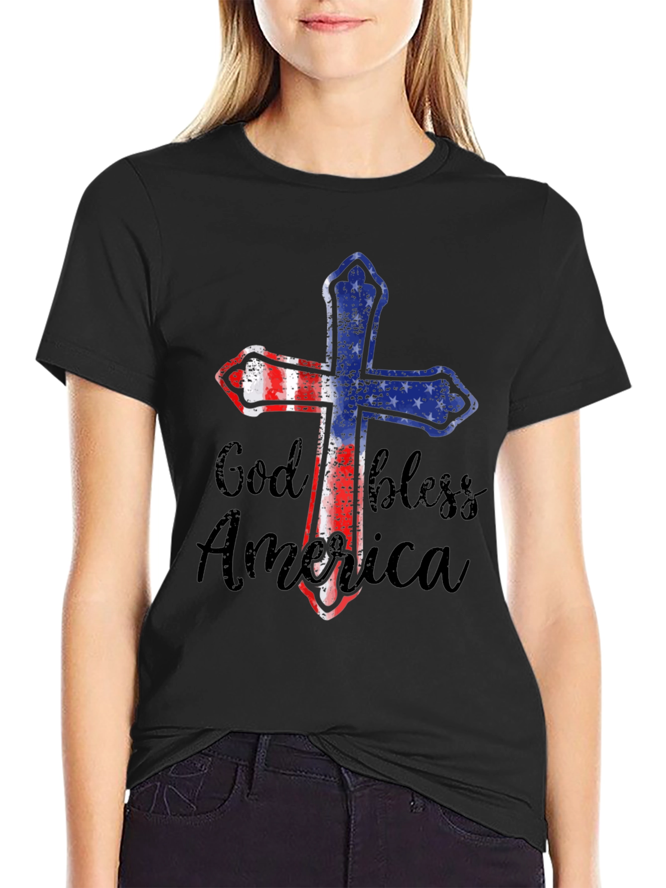 God Bless America Patriotic Cross Graphic Tee
