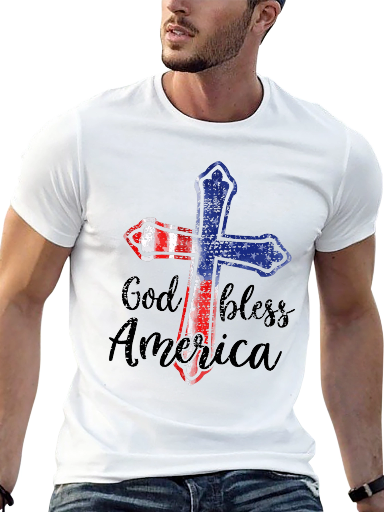 God Bless America Patriotic Cross Graphic Tee