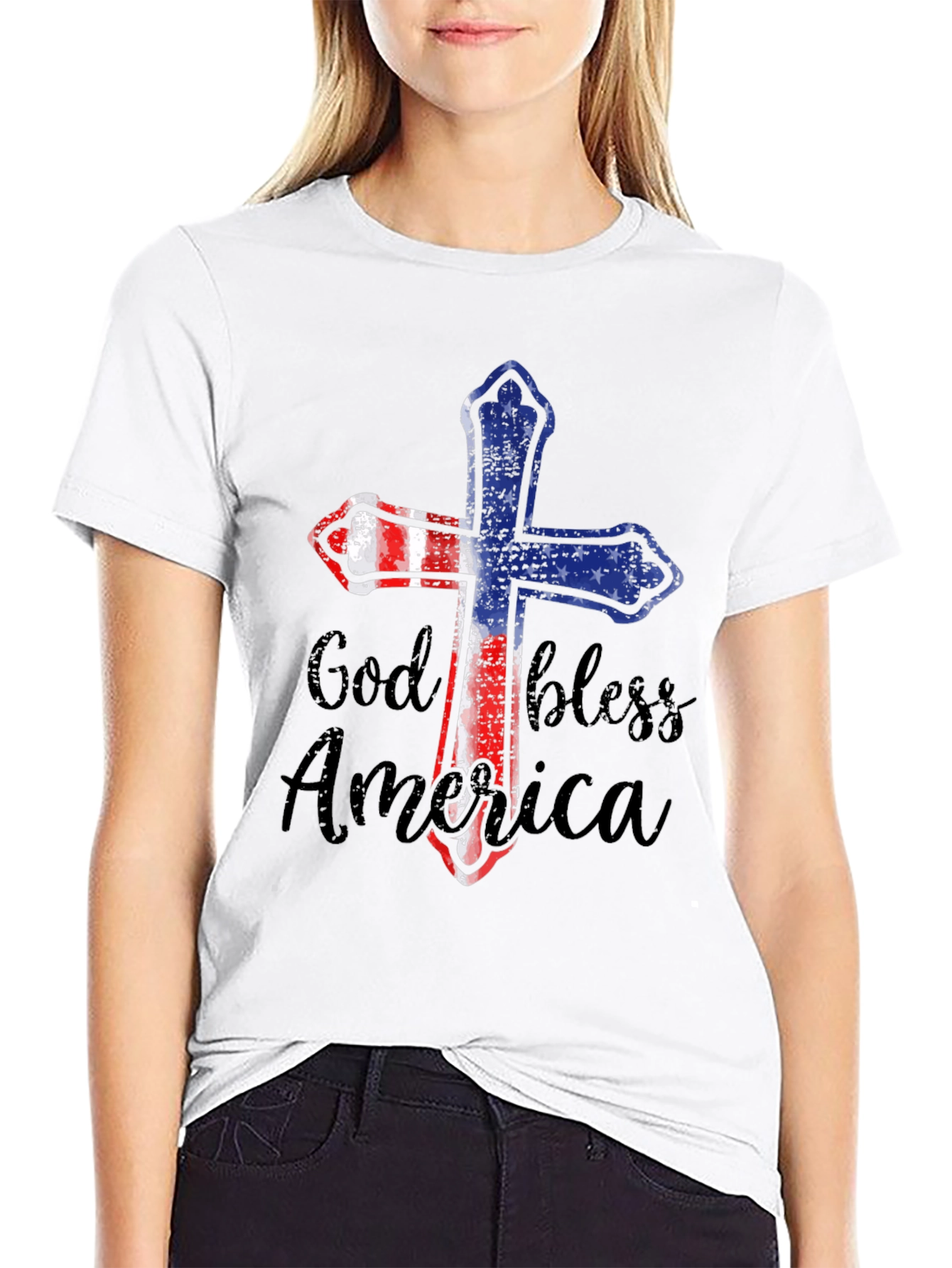 God Bless America Patriotic Cross Graphic Tee