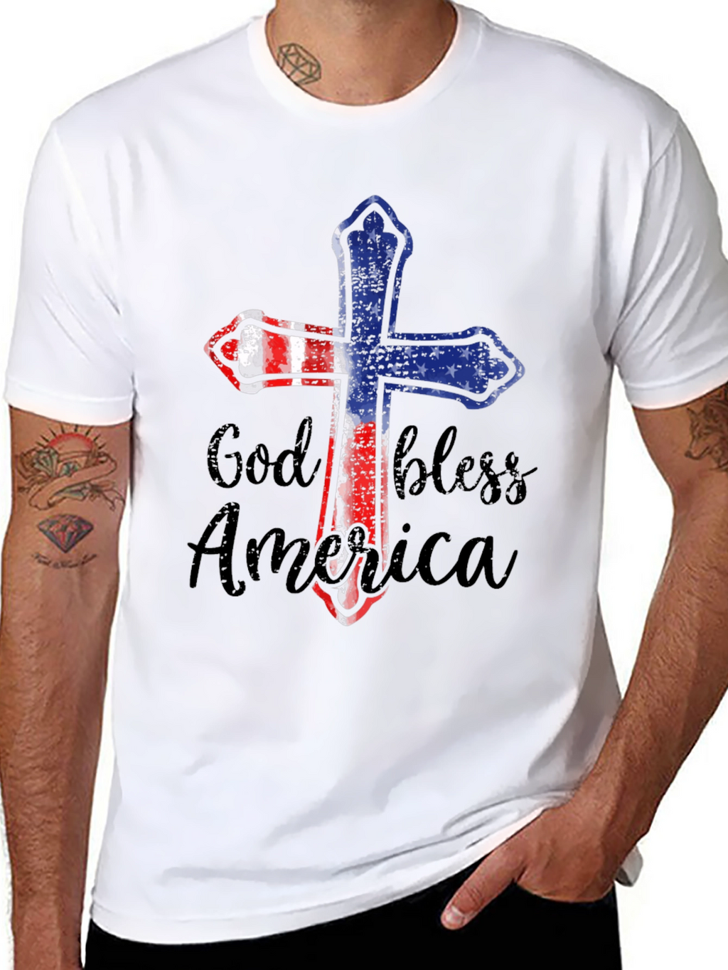 God Bless America Patriotic Cross Graphic Tee