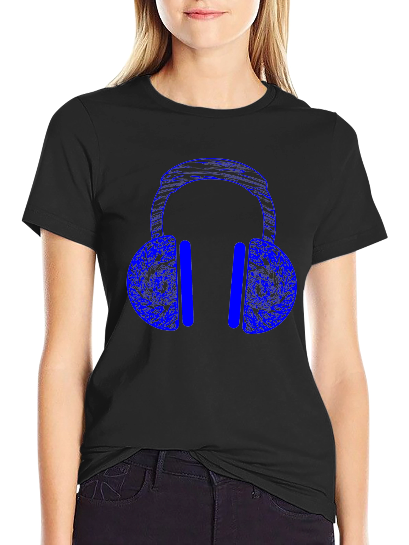 Blue Headphones Graphic Print Black T-Shirt