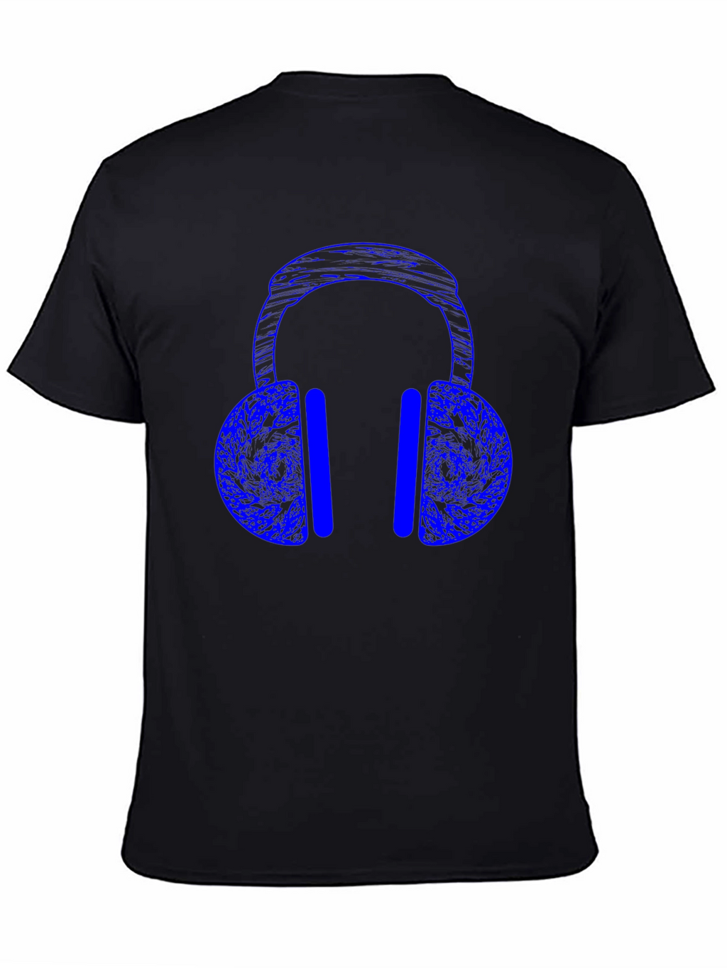 Blue Headphones Graphic Print Black T-Shirt
