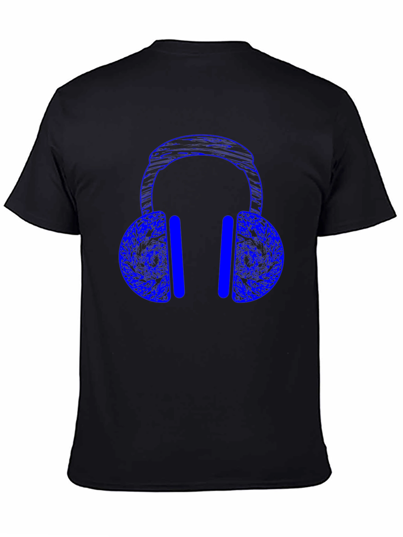 Blue Headphones Graphic Print Black T-Shirt