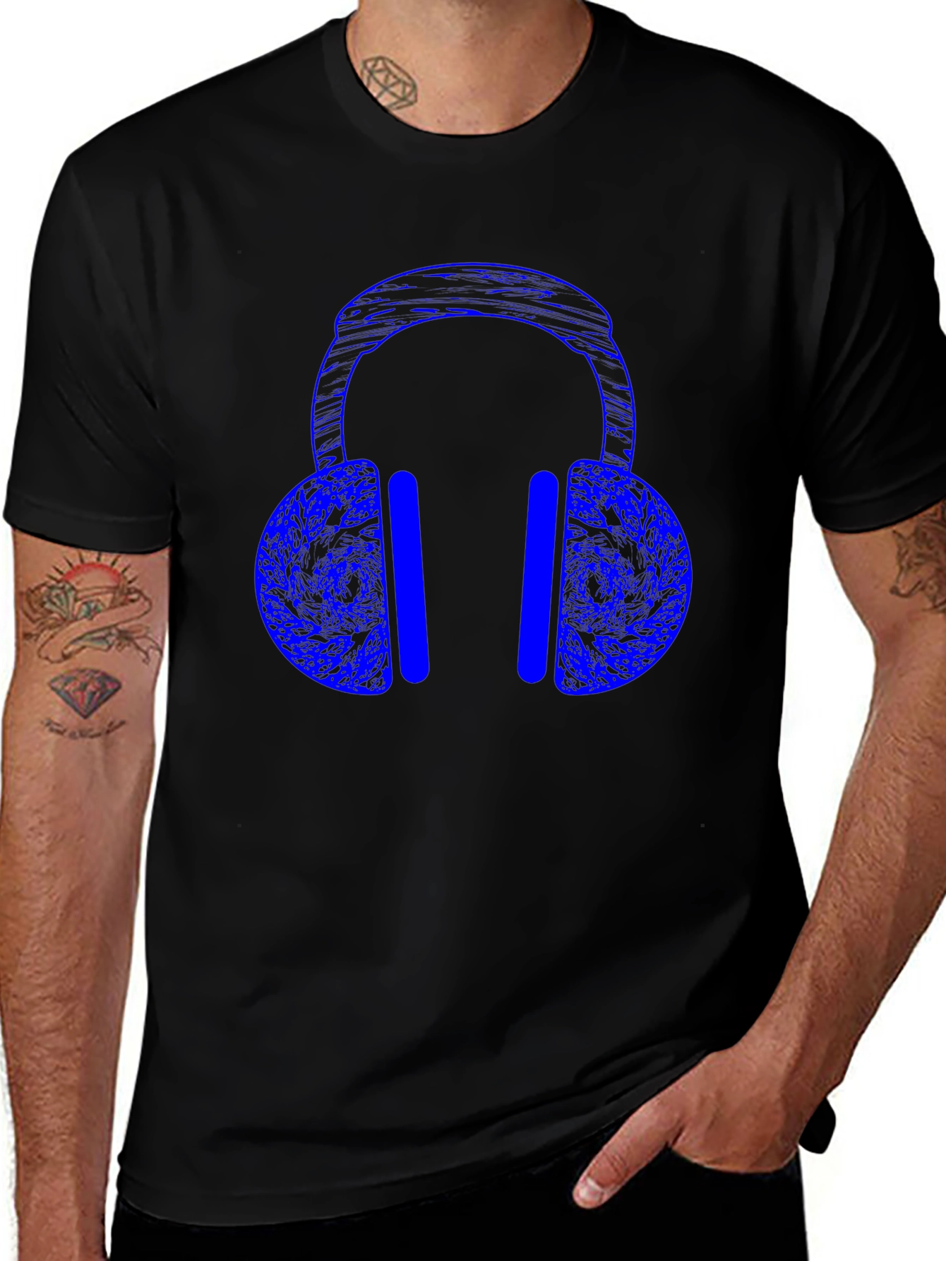 Blue Headphones Graphic Print Black T-Shirt