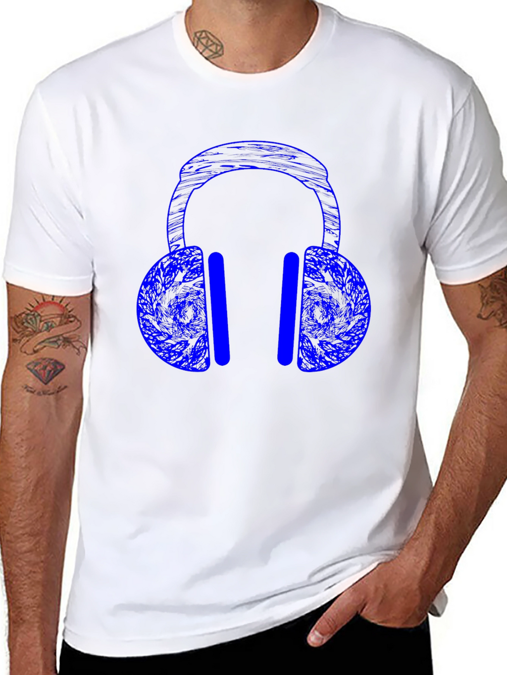 Blue Headphones Graphic Print Black T-Shirt