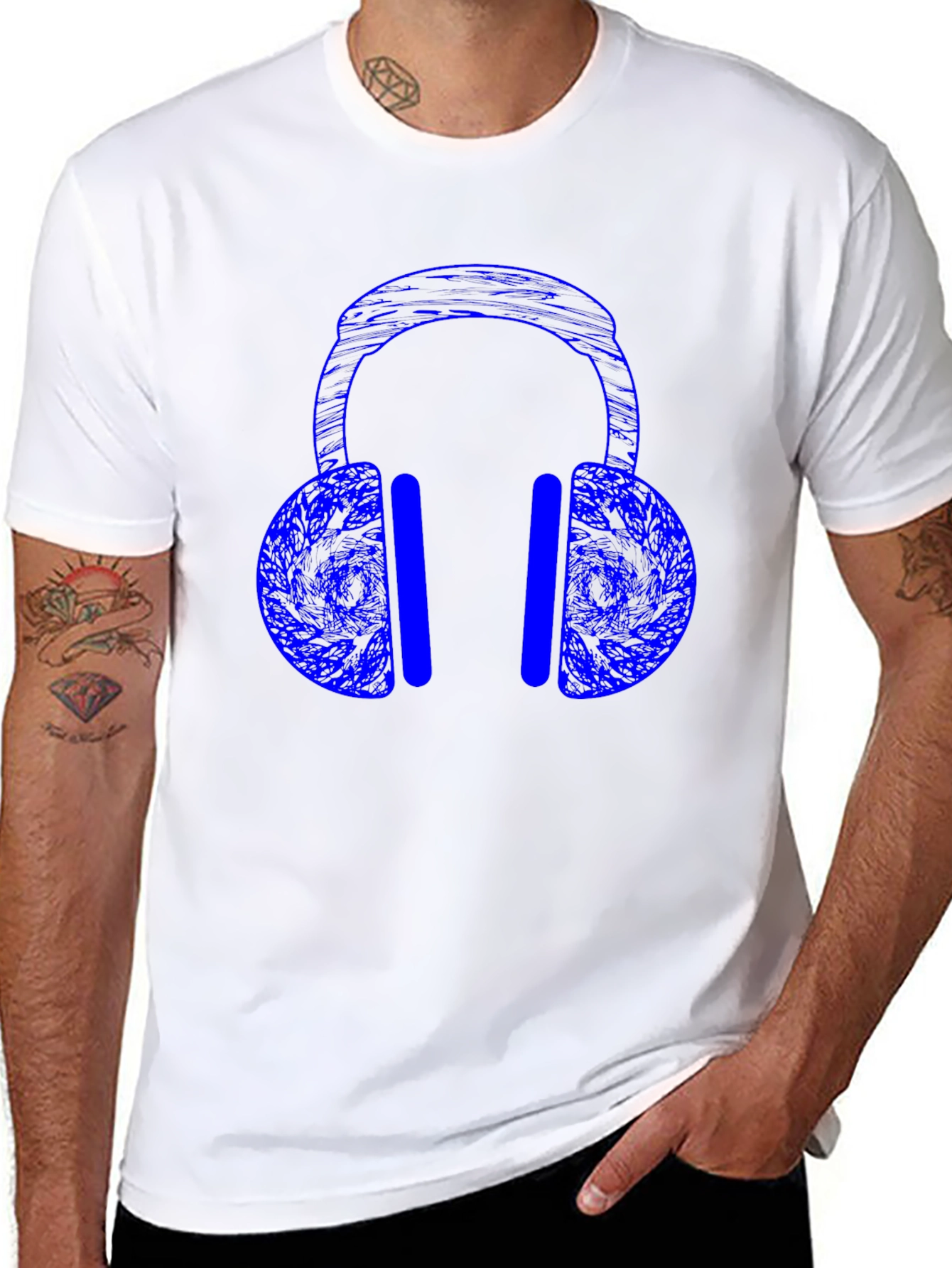 Blue Headphones Graphic Print Black T-Shirt