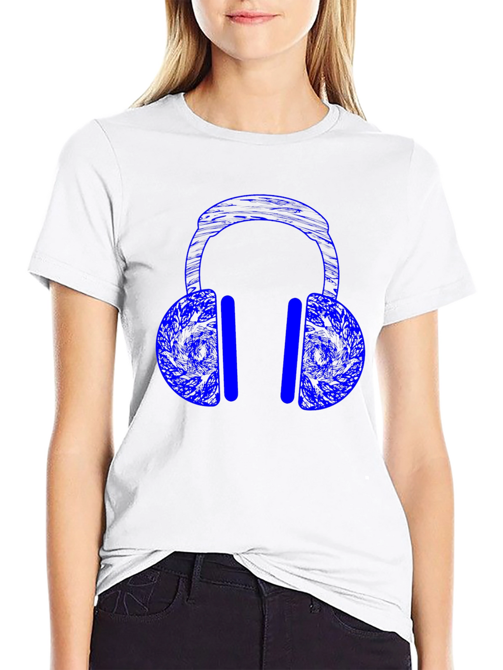 Blue Headphones Graphic Print Black T-Shirt