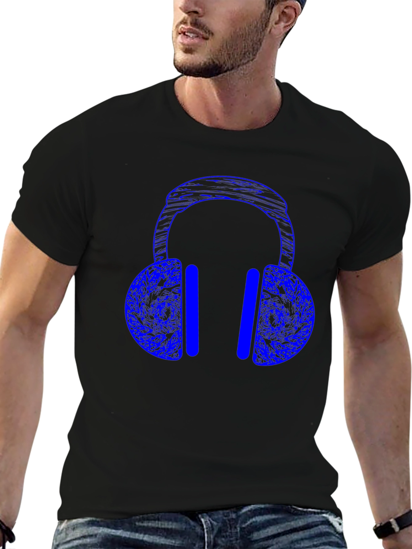 Blue Headphones Graphic Print Black T-Shirt