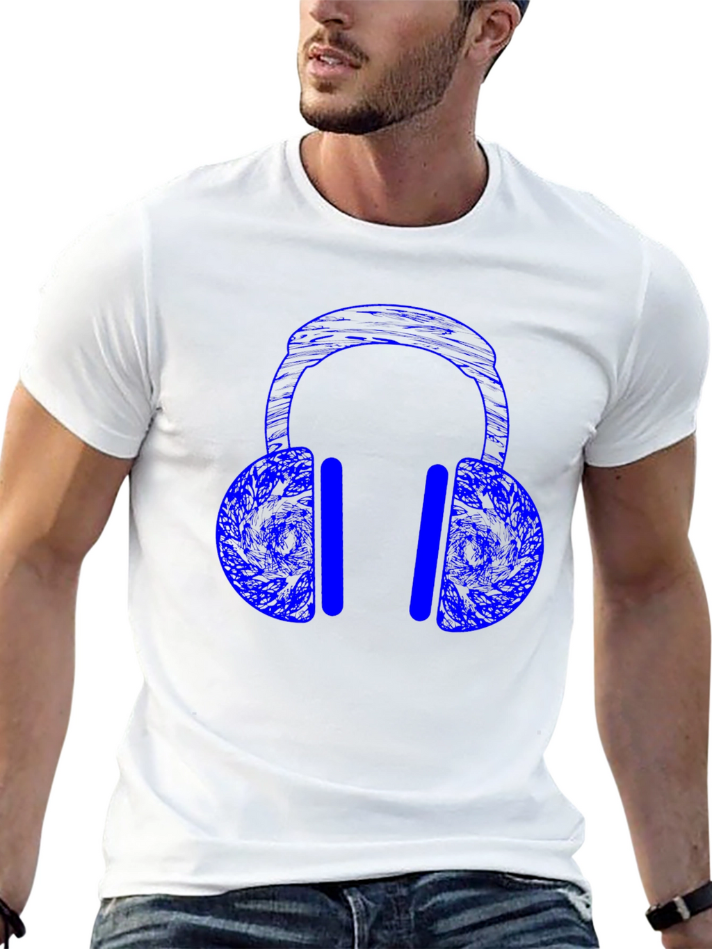 Blue Headphones Graphic Print Black T-Shirt