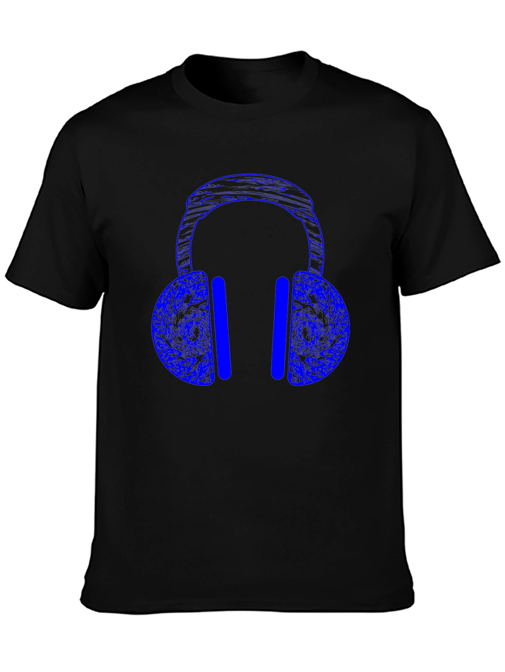 Blue Headphones Graphic Print Black T-Shirt