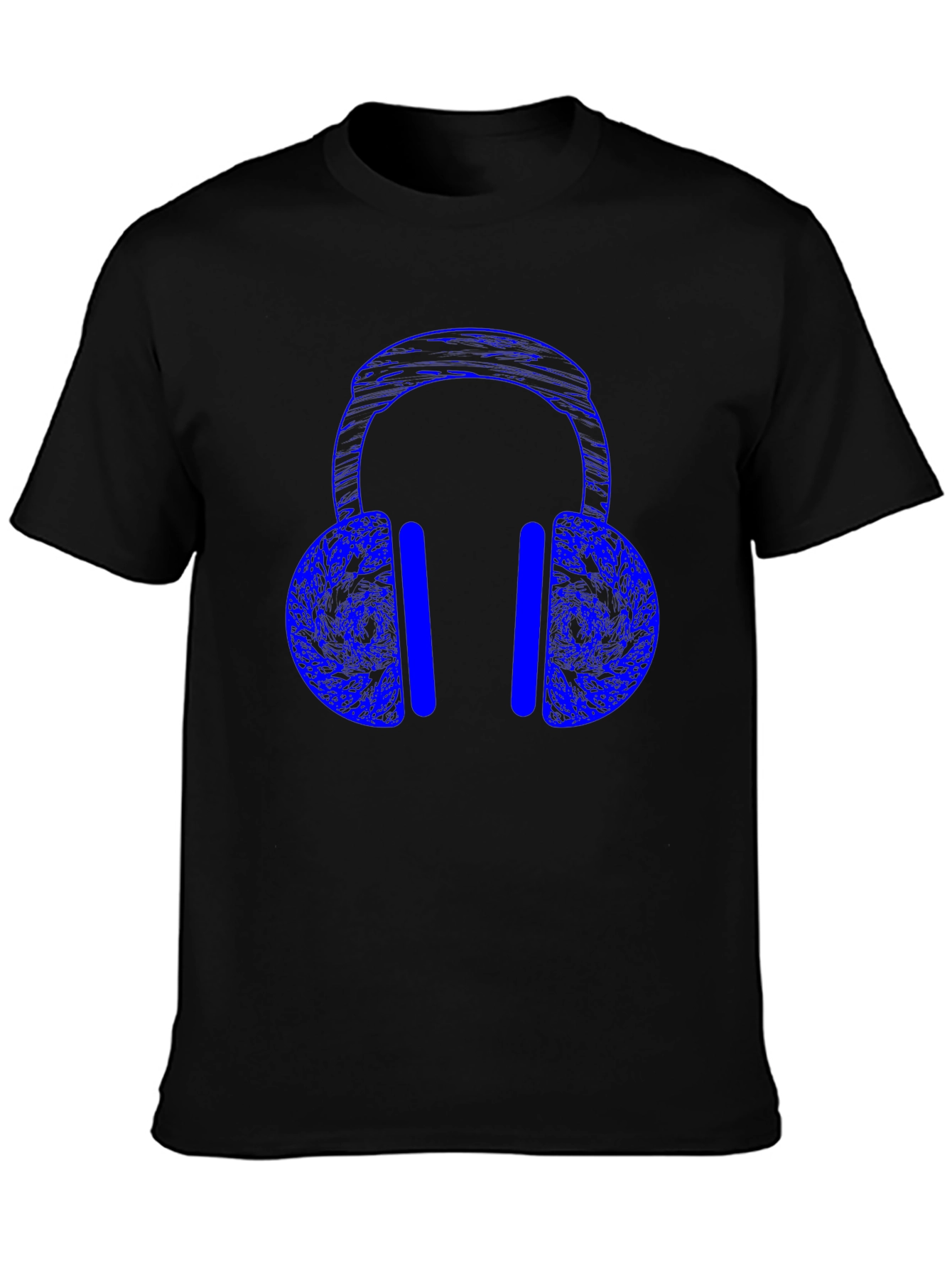 Blue Headphones Graphic Print Black T-Shirt