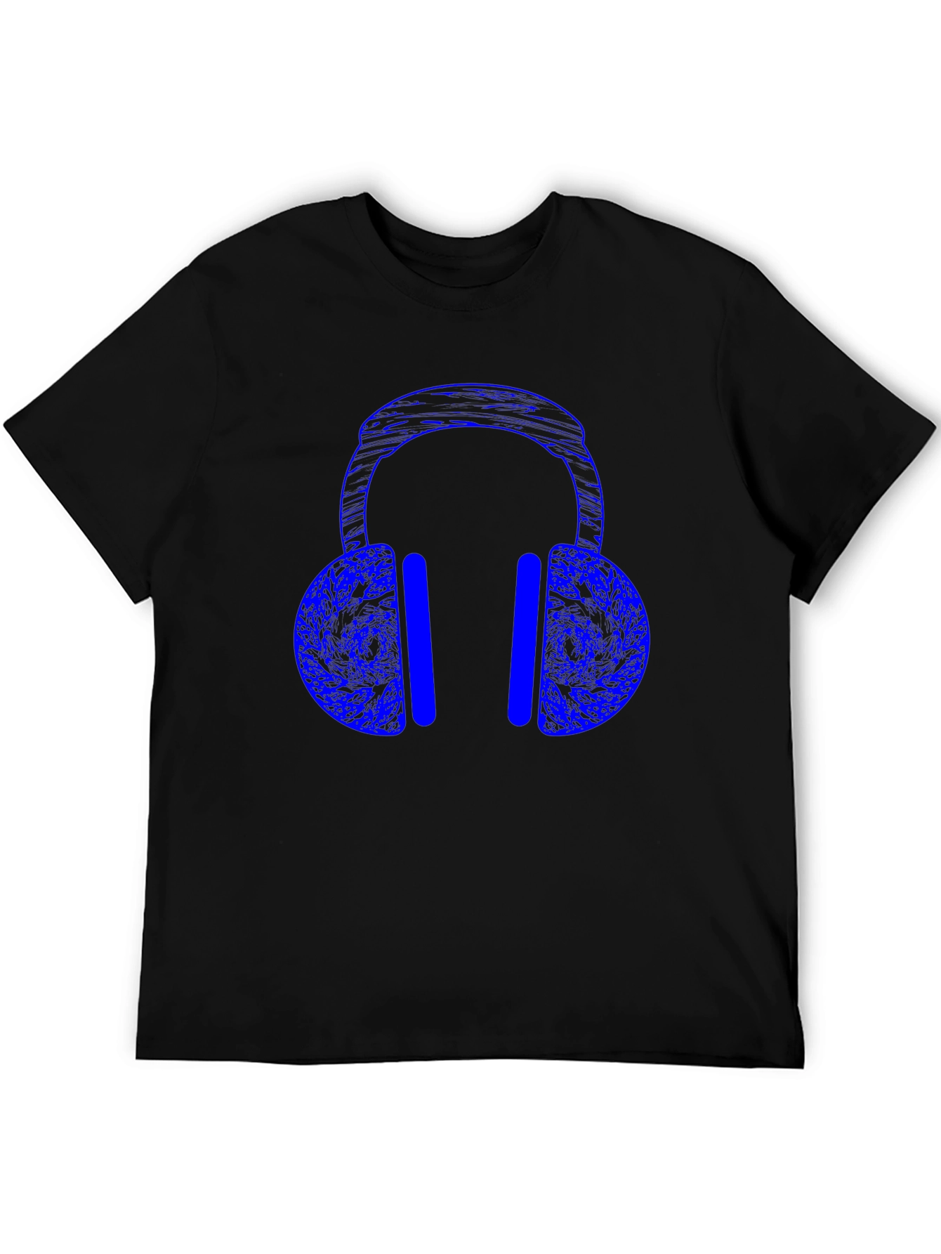 Blue Headphones Graphic Print Black T-Shirt