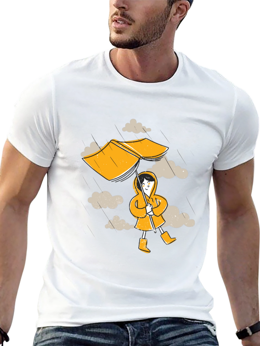 Rainy Day Fun T-Shirt - Cartoon Umbrella & Clouds