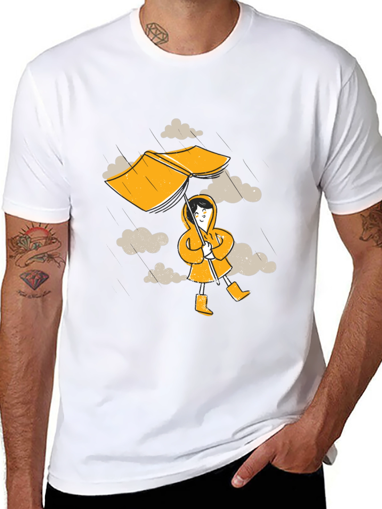Rainy Day Fun T-Shirt - Cartoon Umbrella & Clouds