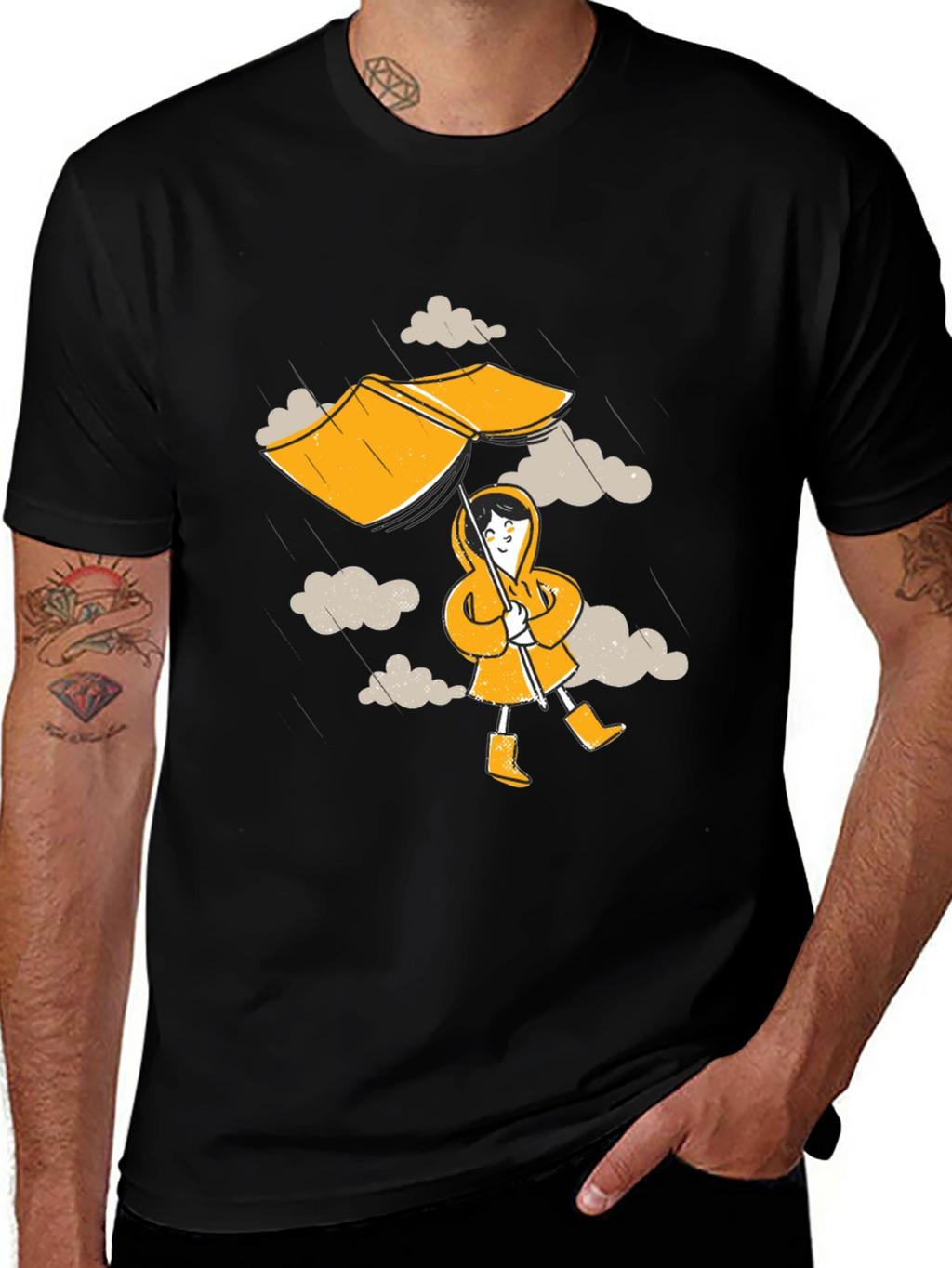Rainy Day Fun T-Shirt - Cartoon Umbrella & Clouds