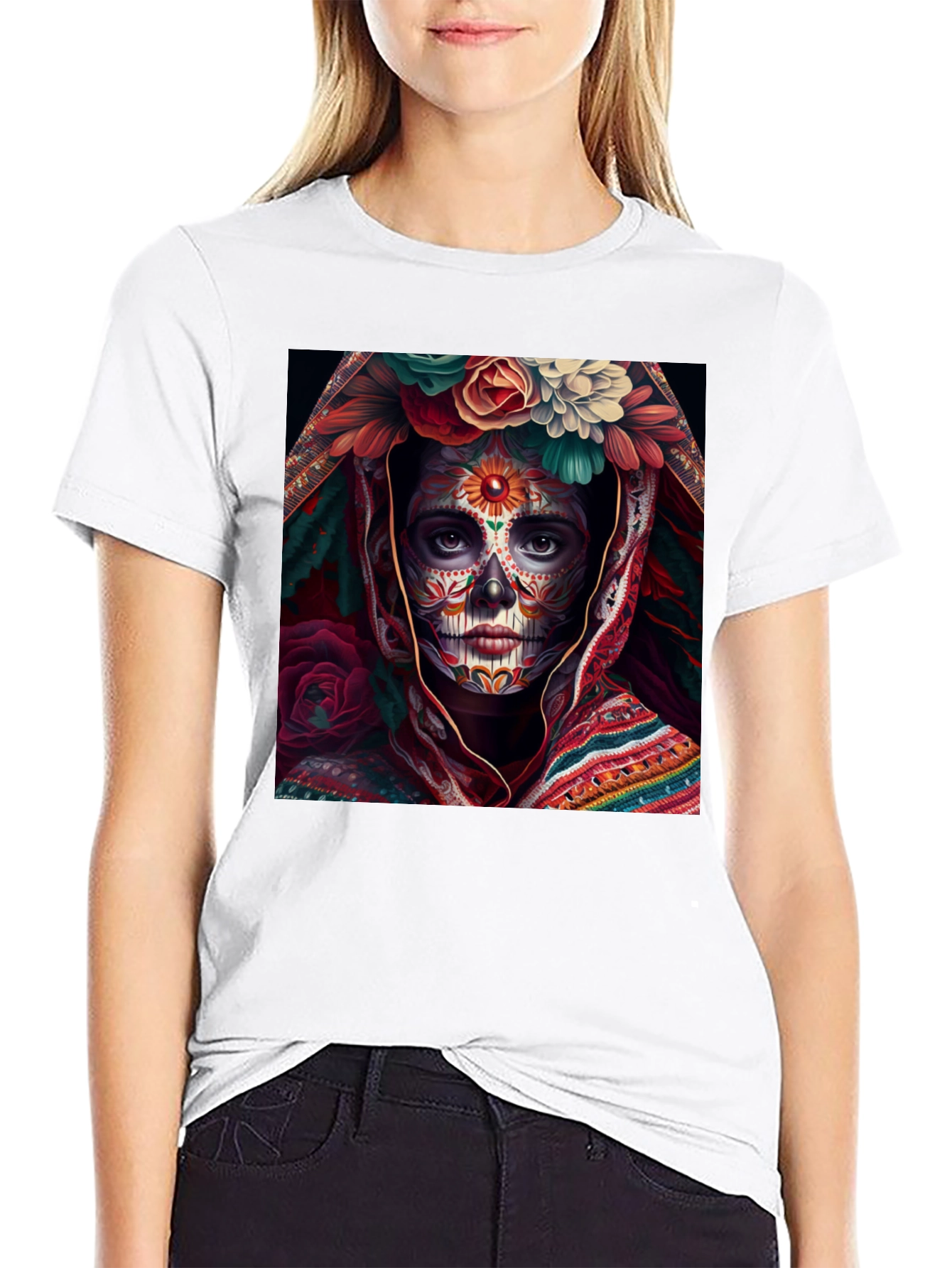 Day of the Dead Art T-Shirt - Sugar Skull Woman
