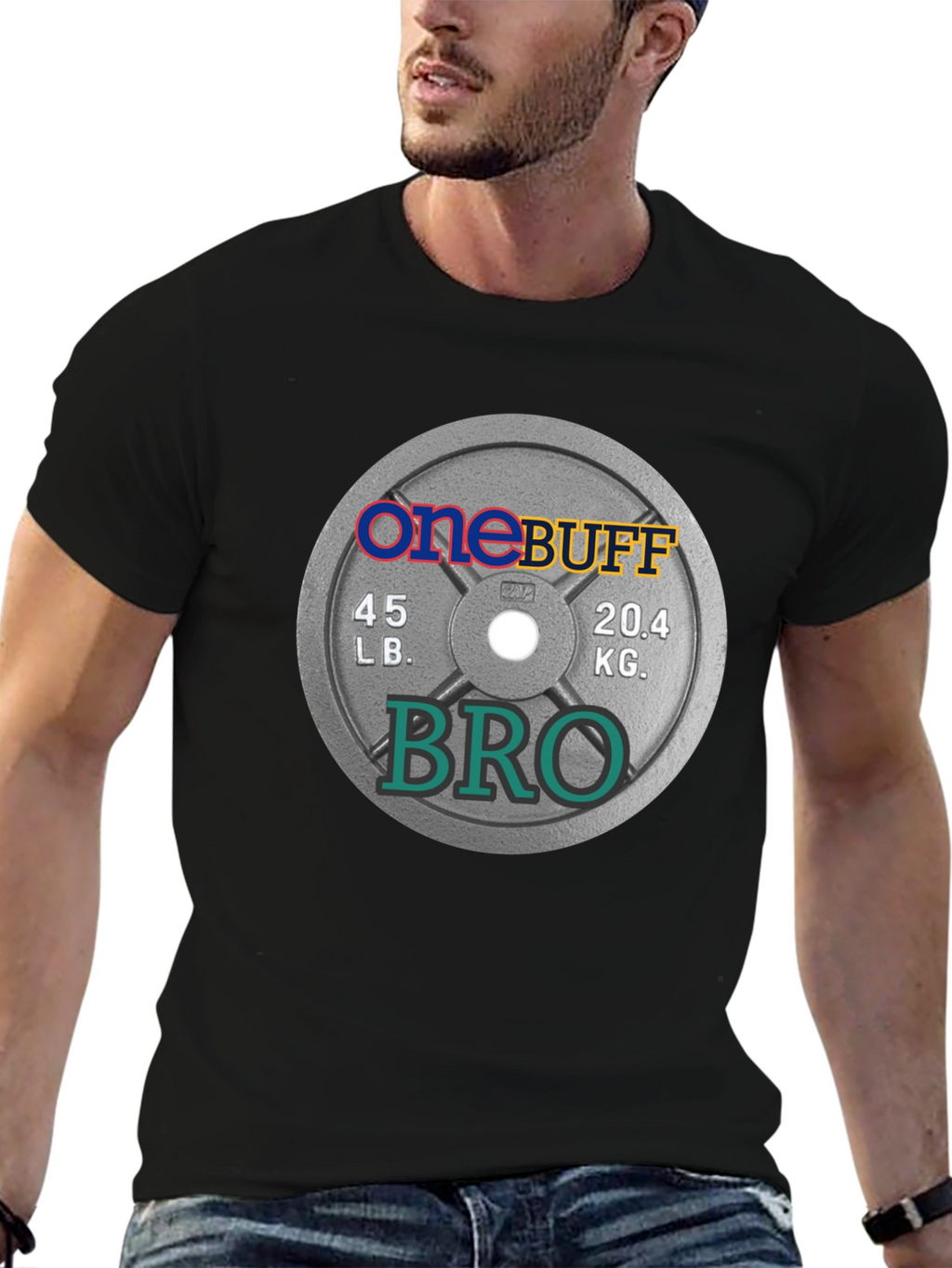 One Buff Bro T-Shirt - Gym Weight Plate Design