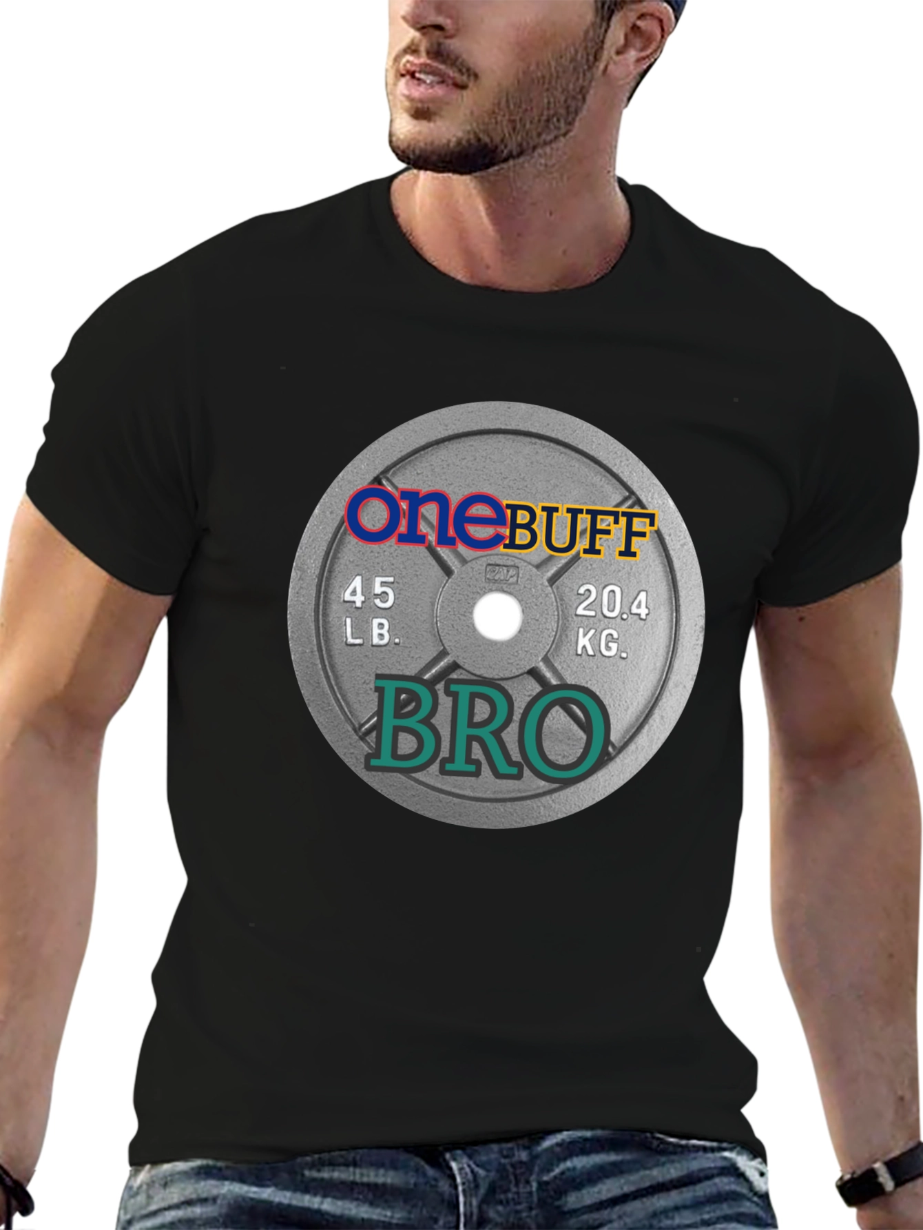 One Buff Bro T-Shirt - Gym Weight Plate Design