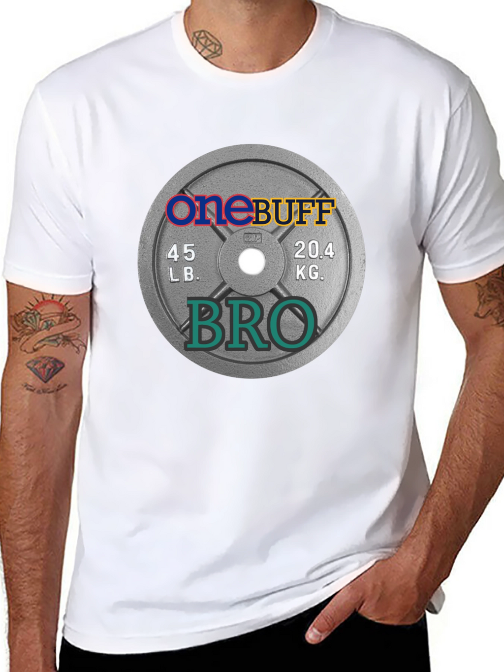 One Buff Bro T-Shirt - Gym Weight Plate Design