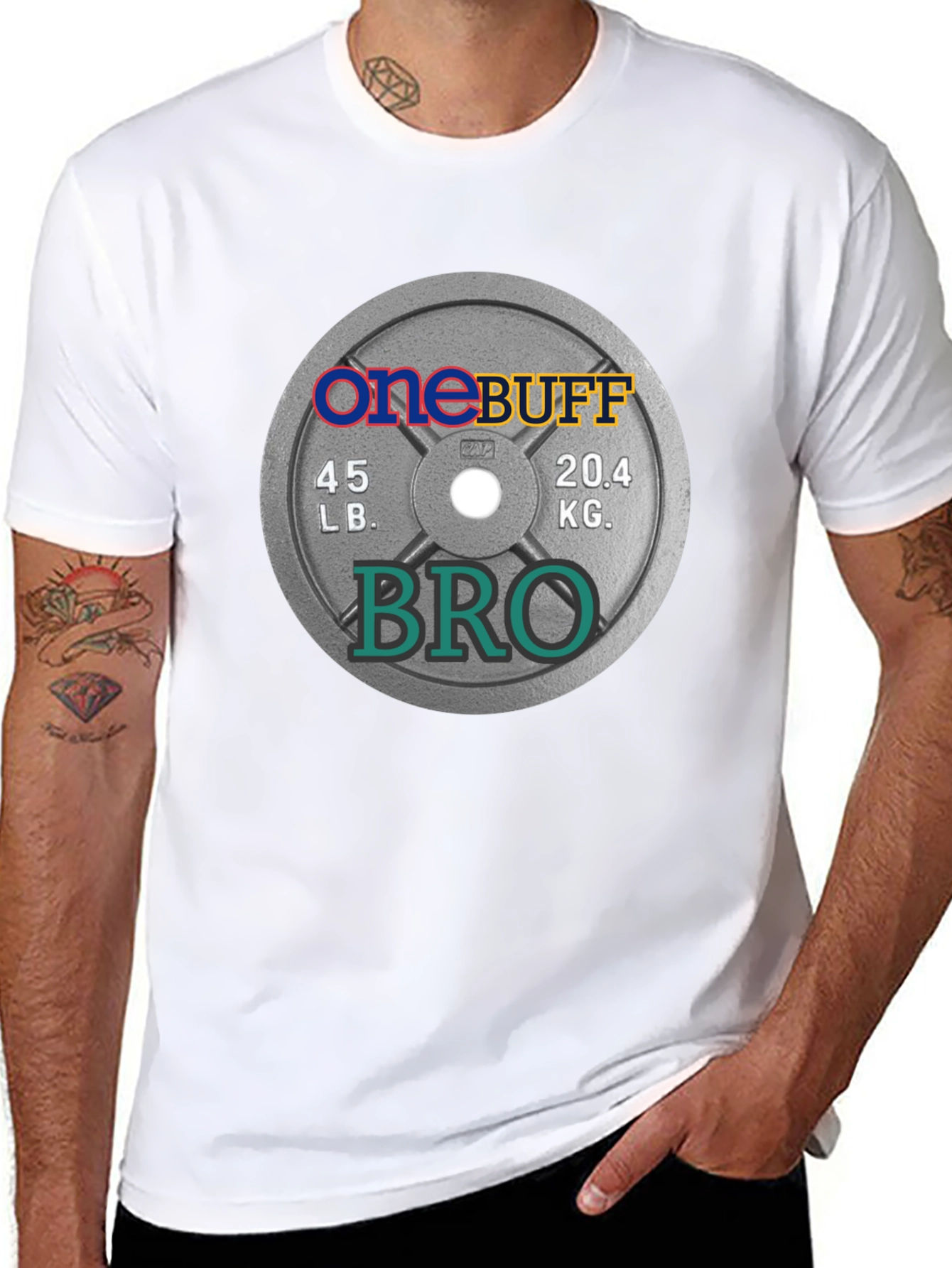 One Buff Bro T-Shirt - Gym Weight Plate Design