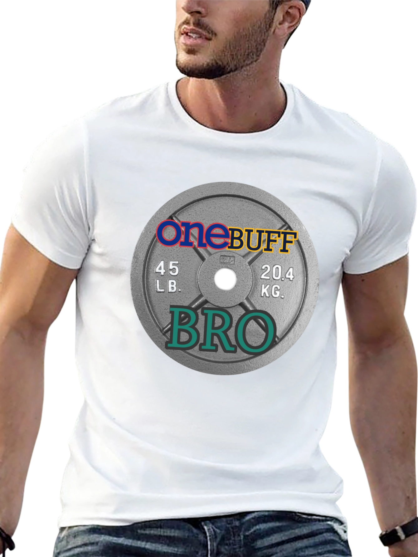 One Buff Bro T-Shirt - Gym Weight Plate Design