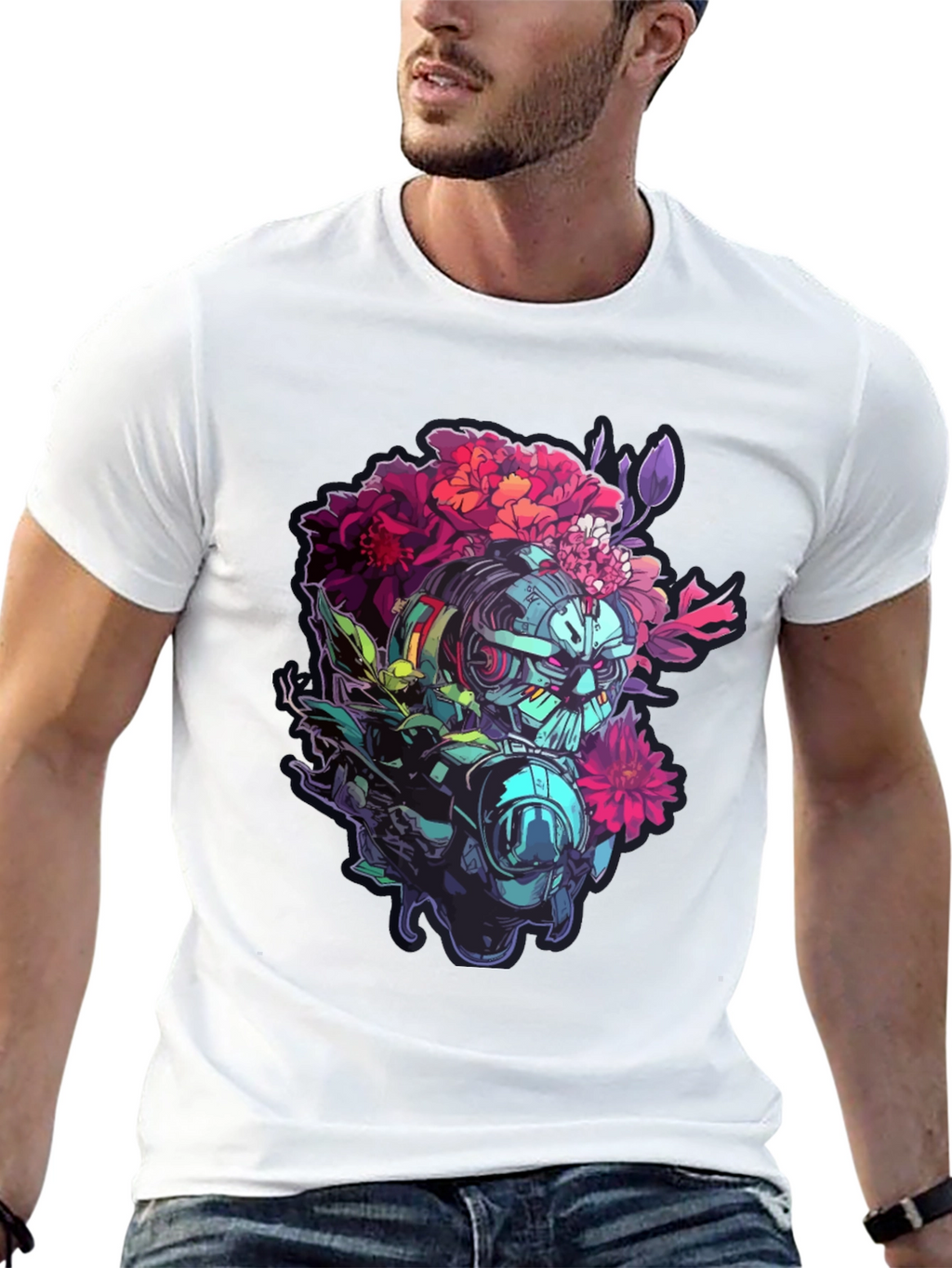 Floral Robot Graphic T-Shirt