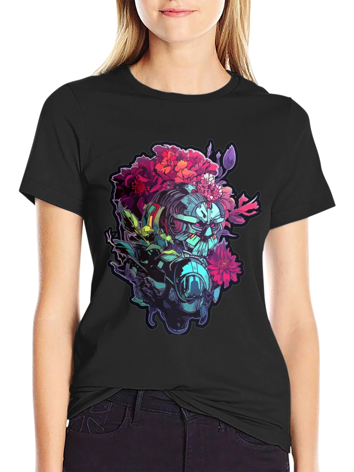 Floral Robot Graphic T-Shirt