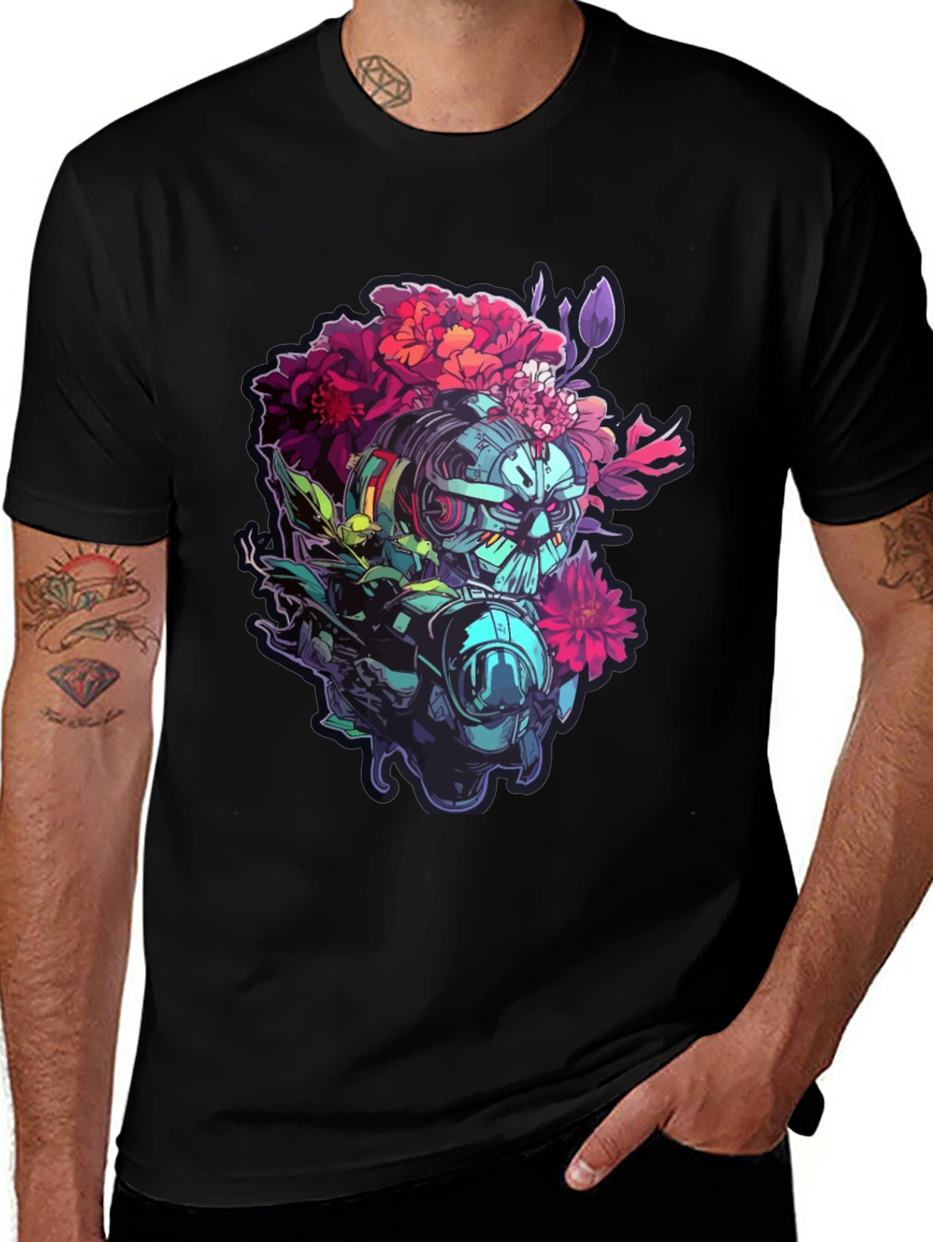 Floral Robot Graphic T-Shirt