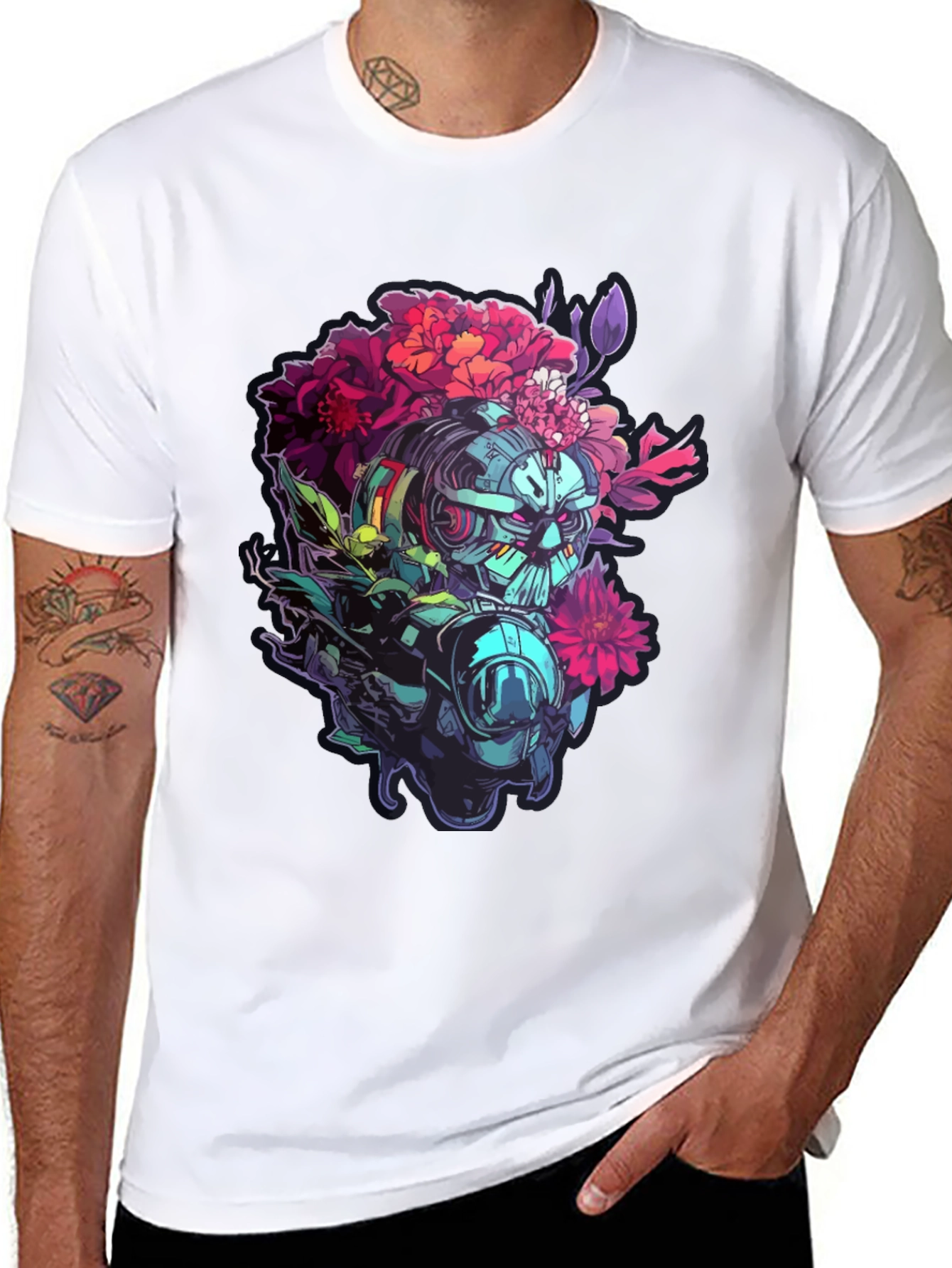 Floral Robot Graphic T-Shirt