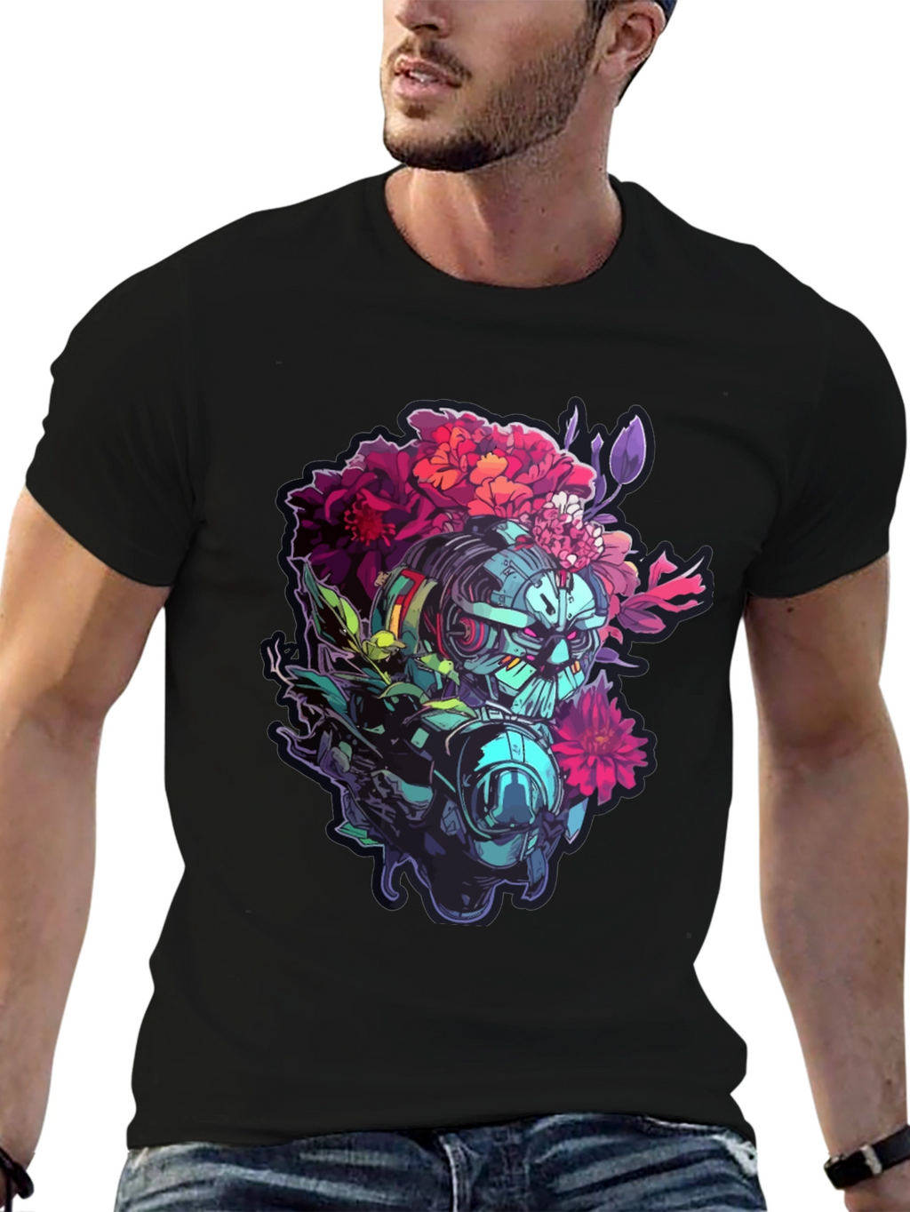 Floral Robot Graphic T-Shirt