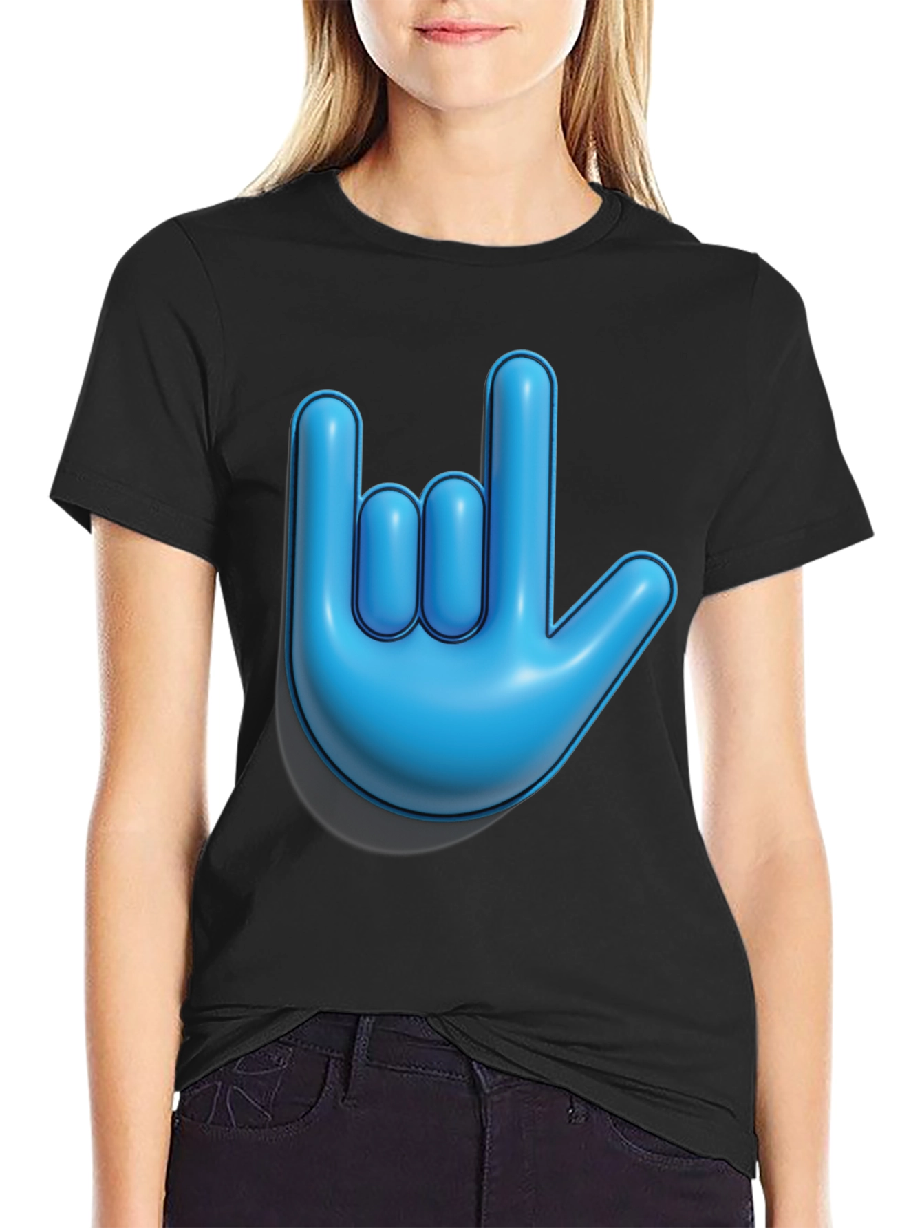 Blue Hand Sign Graphic Black T-Shirt