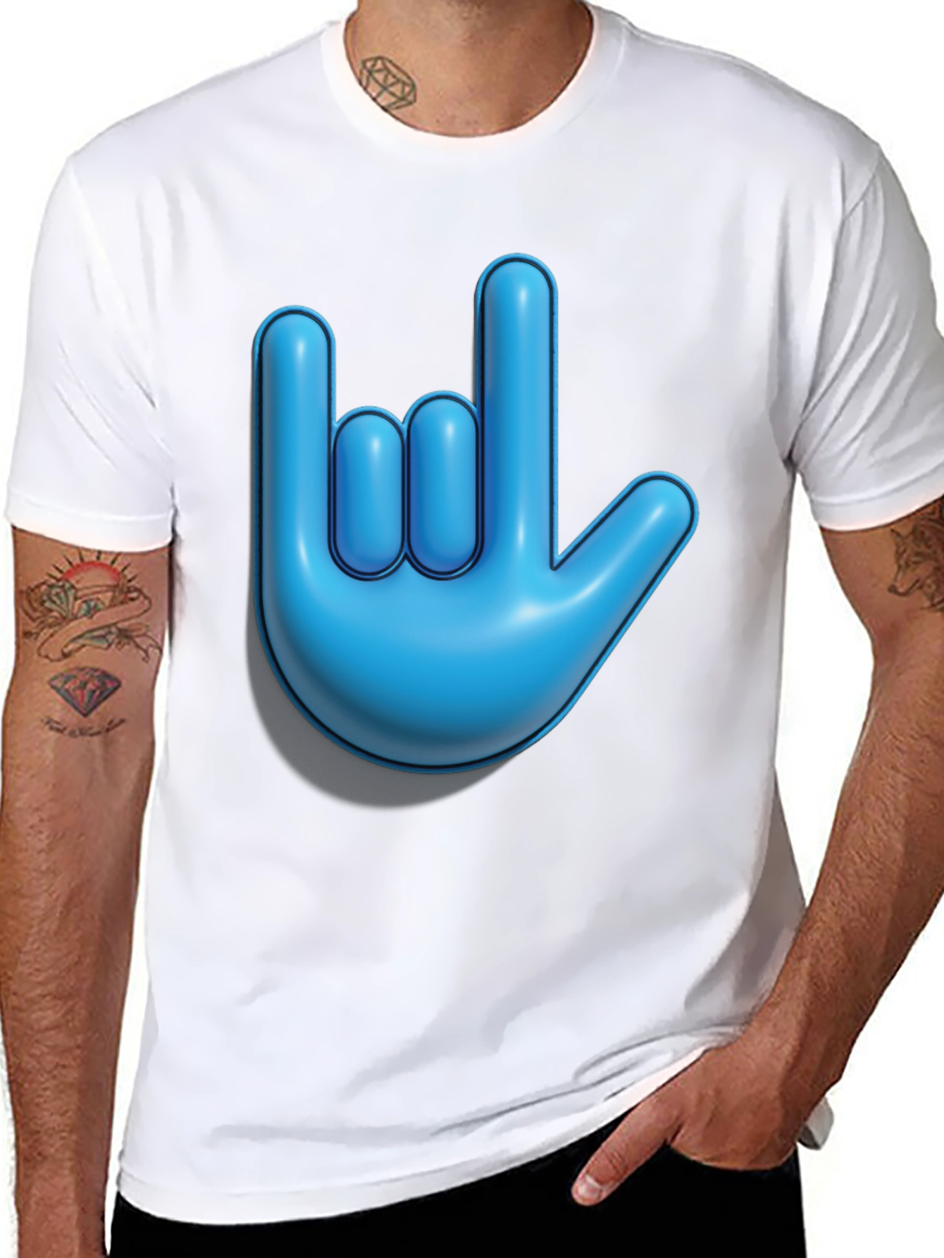 Blue Hand Sign Graphic Black T-Shirt