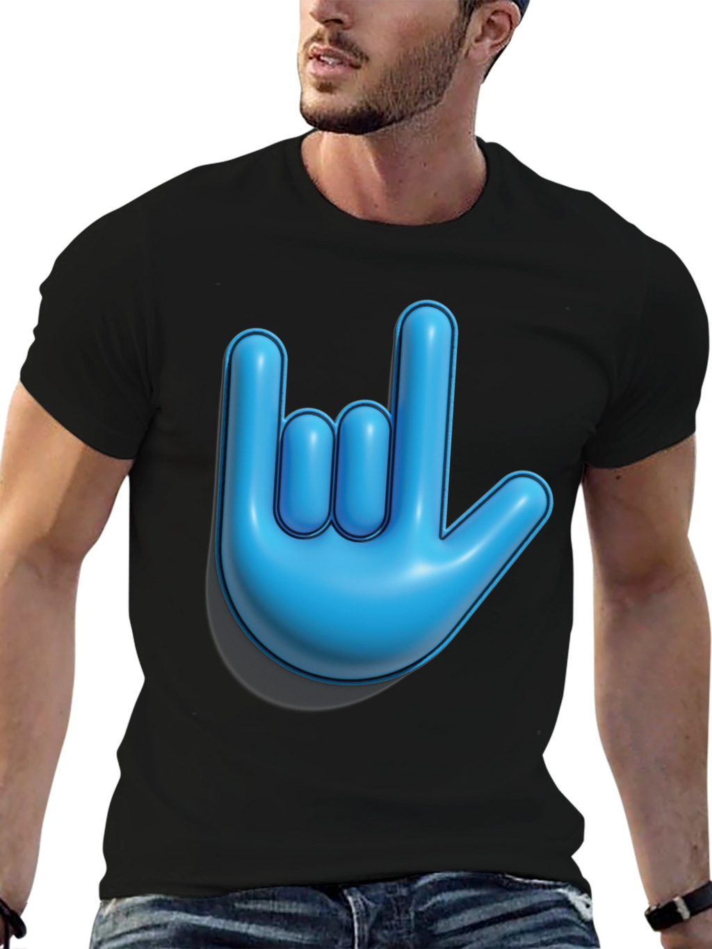 Blue Hand Sign Graphic Black T-Shirt