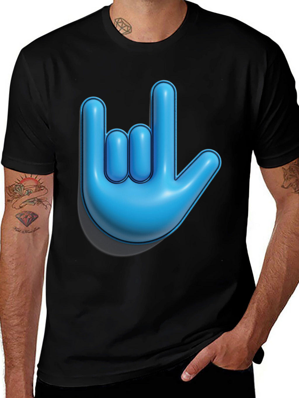 Blue Hand Sign Graphic Black T-Shirt