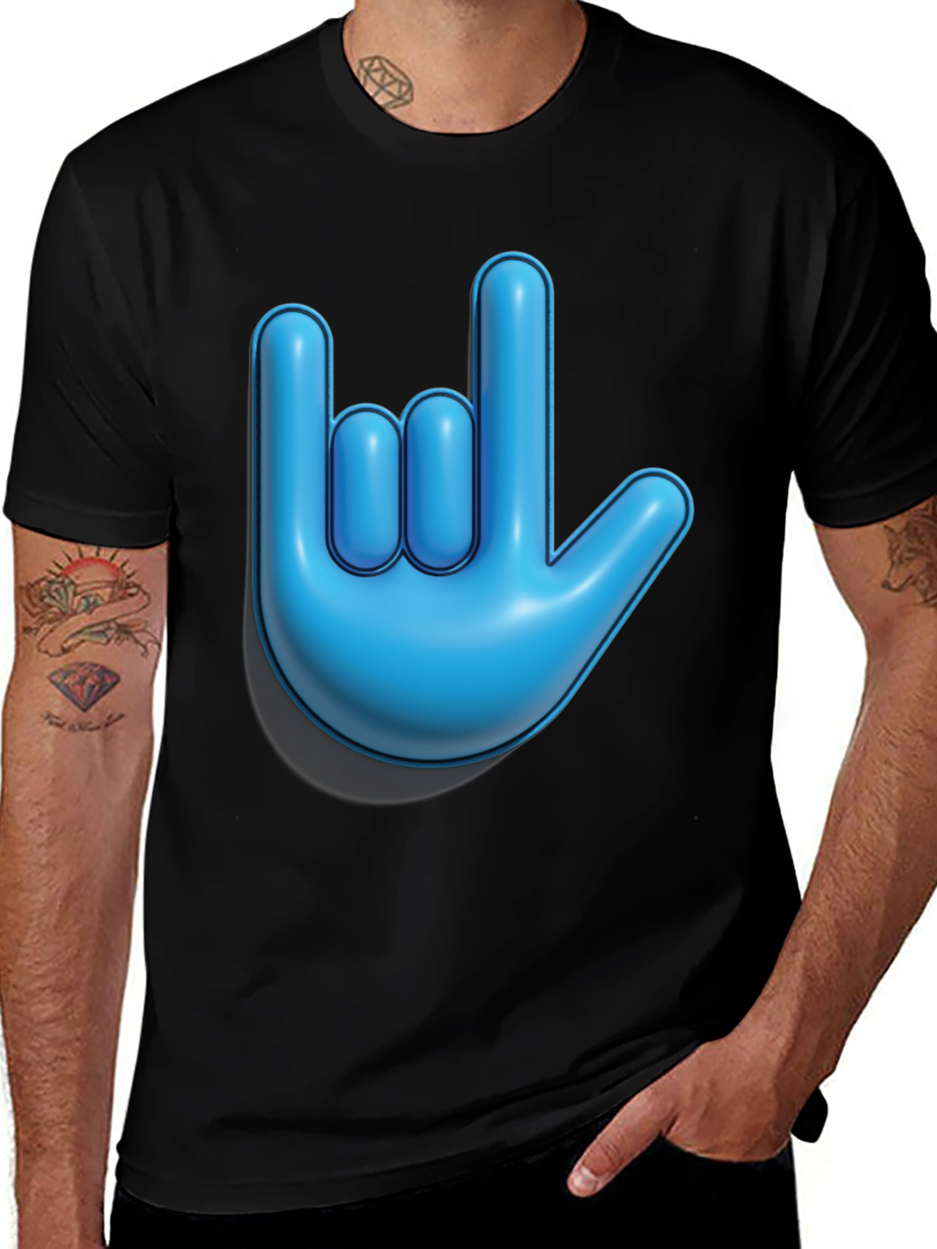 Blue Hand Sign Graphic Black T-Shirt