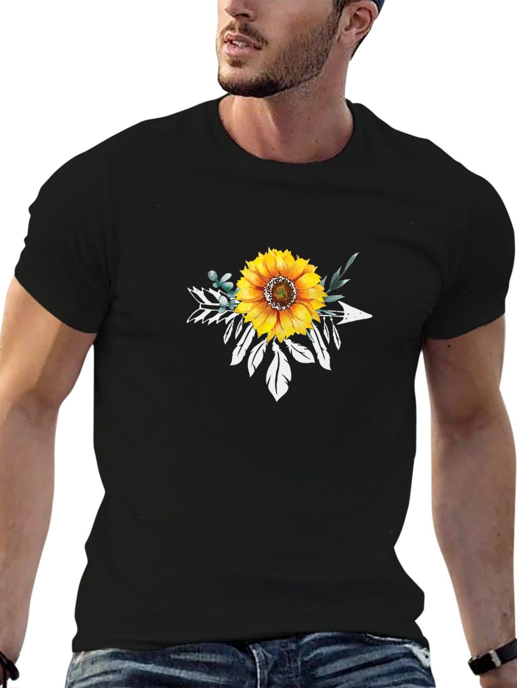 Sunflower Arrow Graphic Tee - Black Cotton T-Shirt
